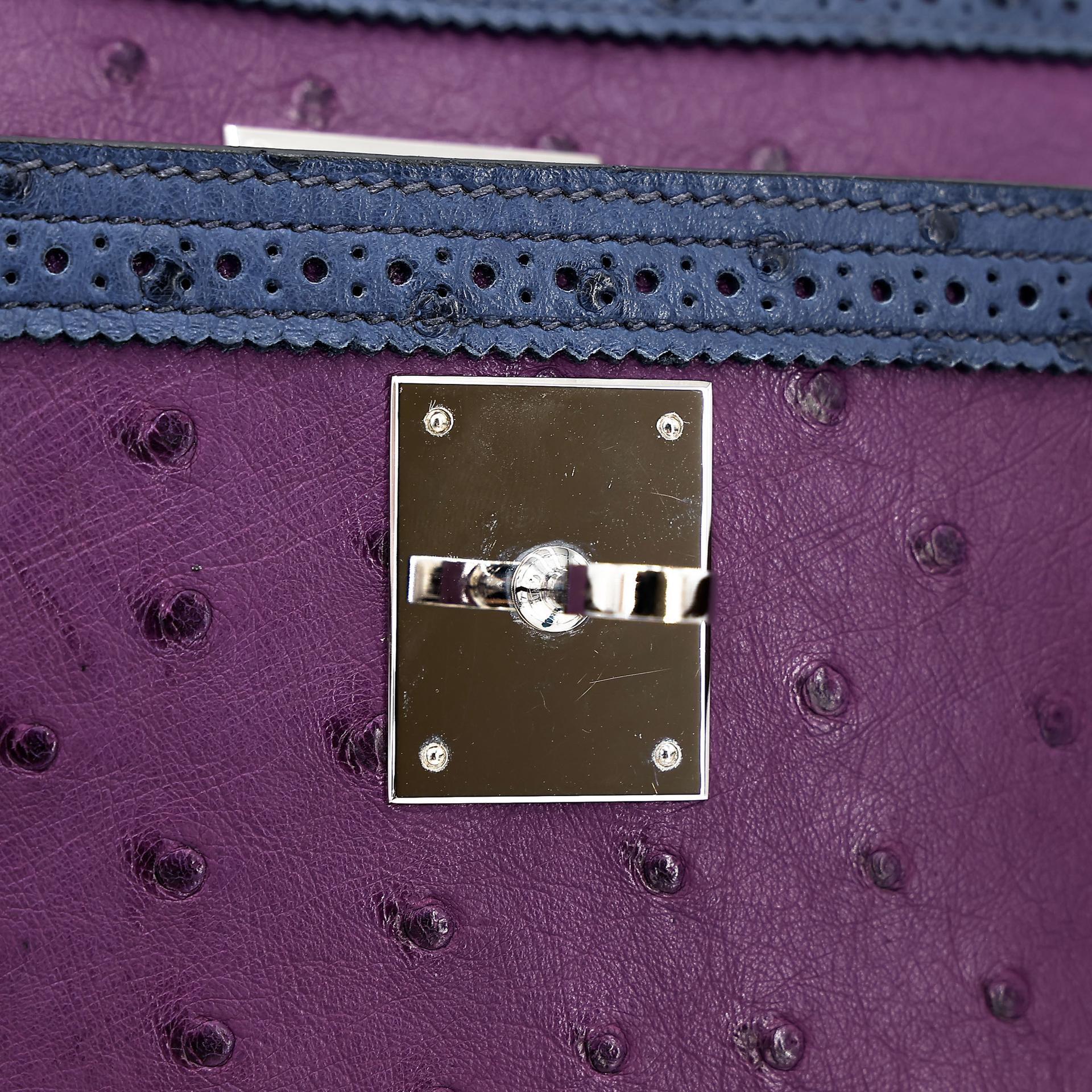 Very Good ( Rank A) HERMÈS Kelly Ghillies 32 Violet (96) Bleu de Malte (7L) Marron Fonce (45) Ostrich Palladium hardware Square R (2014) - 18