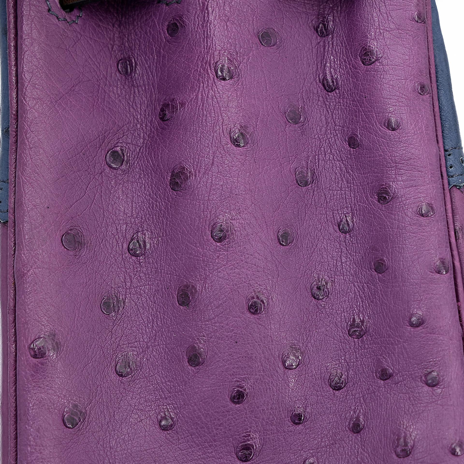 Very Good ( Rank A) HERMÈS Kelly Ghillies 32 Violet (96) Bleu de Malte (7L) Marron Fonce (45) Ostrich Palladium hardware Square R (2014) - 20