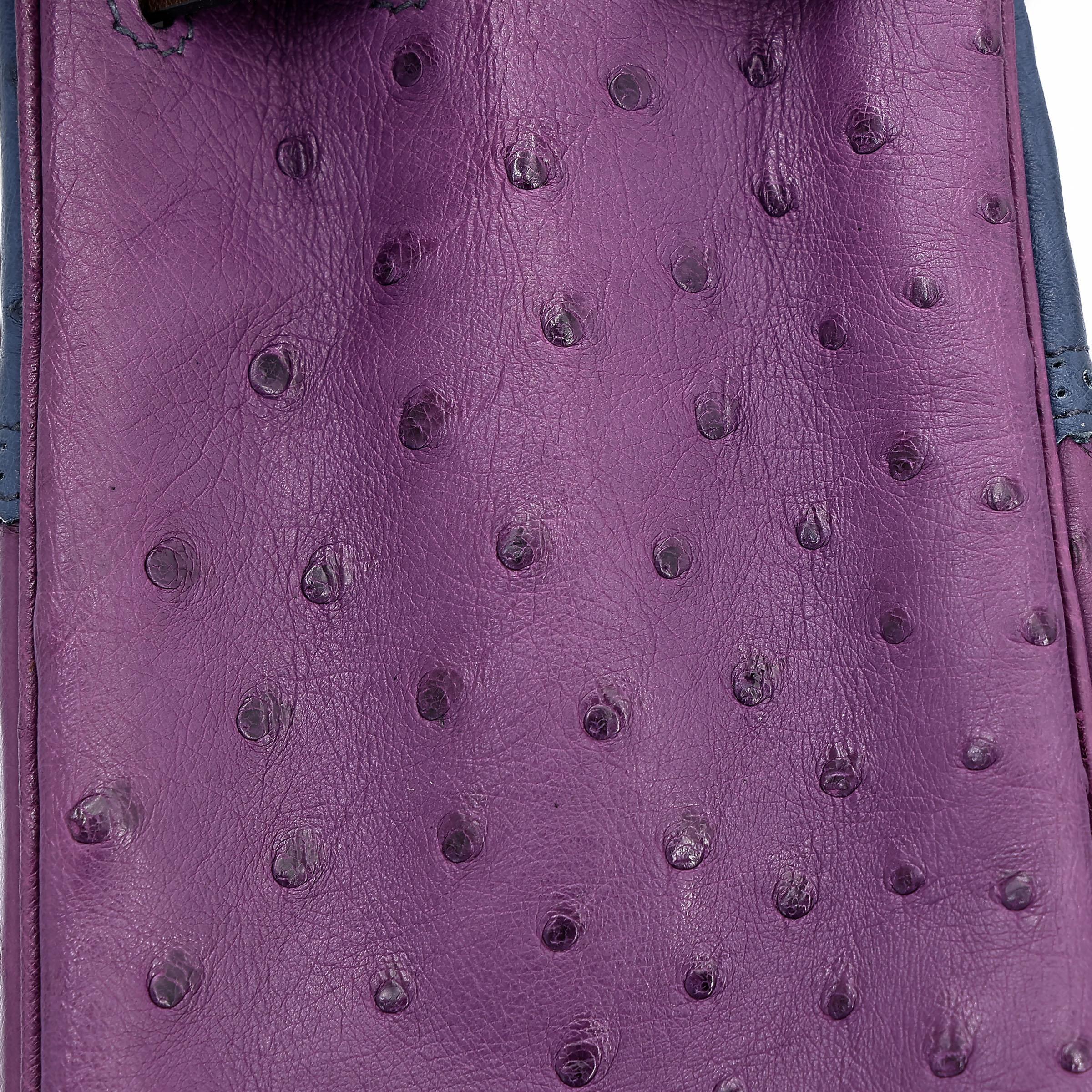 Very Good ( Rank A) HERMÈS Kelly Ghillies 32 Violet (96) Bleu de Malte (7L) Marron Fonce (45) Ostrich Palladium hardware Square R (2014) - 20
