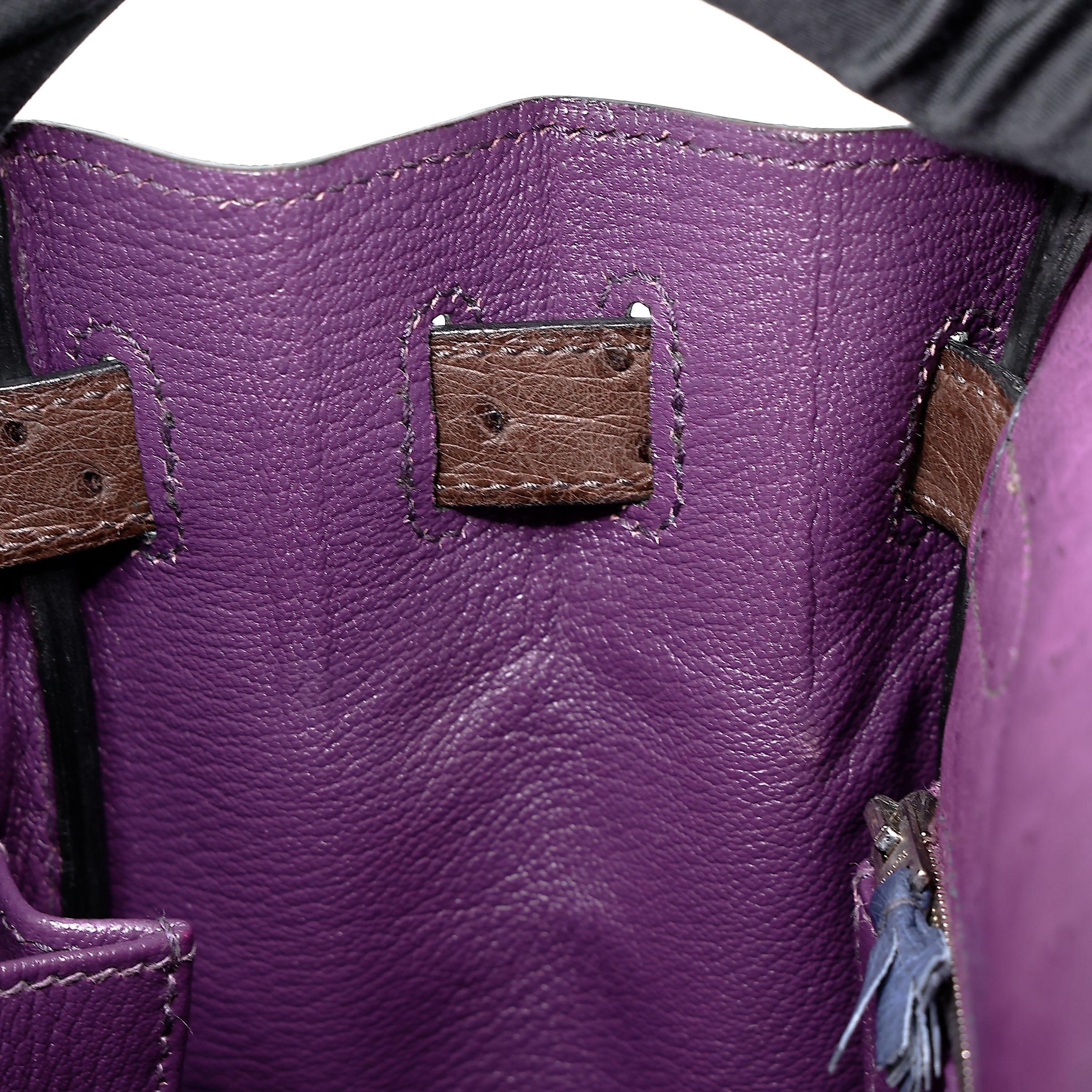 Very Good ( Rank A) HERMÈS Kelly Ghillies 32 Violet (96) Bleu de Malte (7L) Marron Fonce (45) Ostrich Palladium hardware Square R (2014) - 26