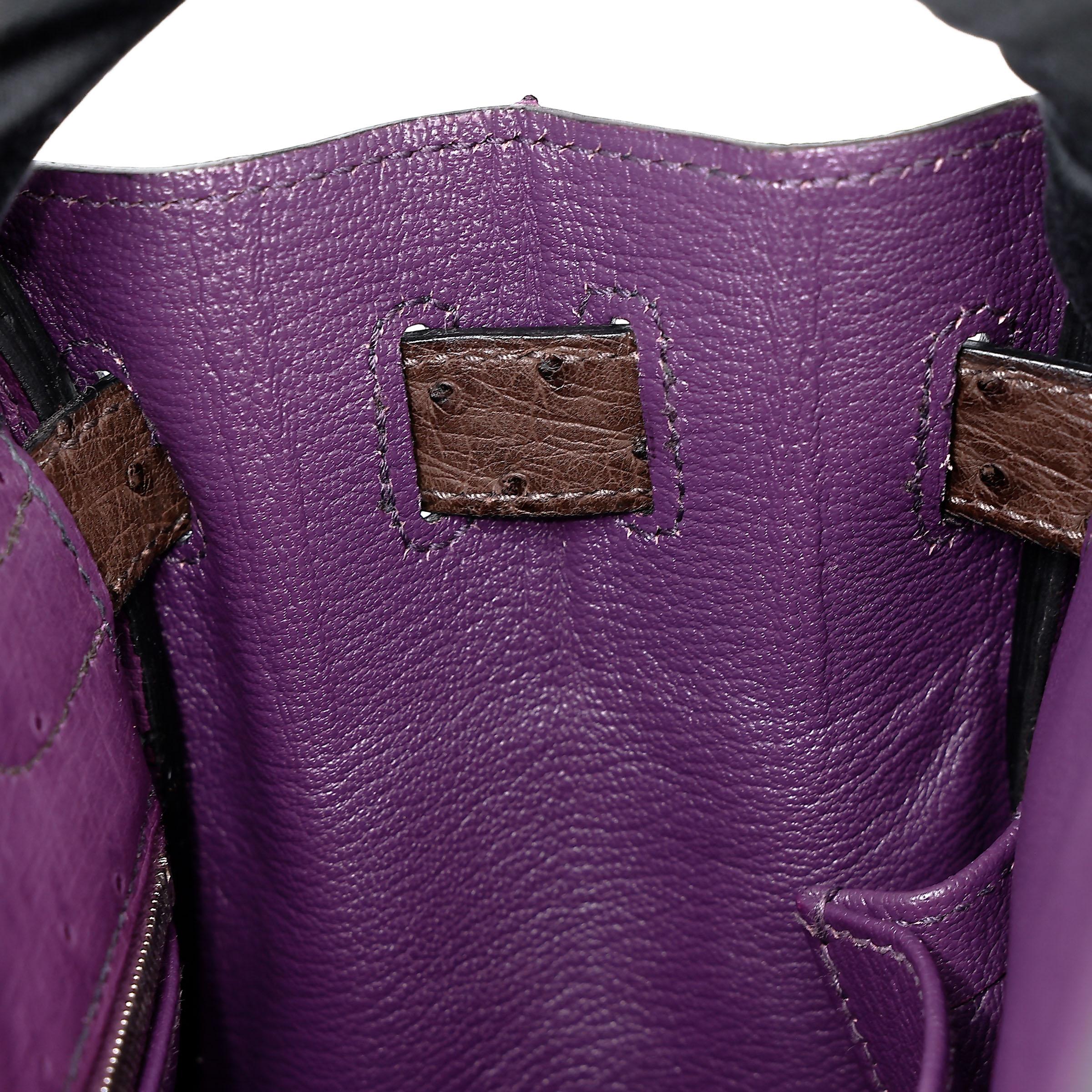Very Good ( Rank A) HERMÈS Kelly Ghillies 32 Violet (96) Bleu de Malte (7L) Marron Fonce (45) Ostrich Palladium hardware Square R (2014) - 27