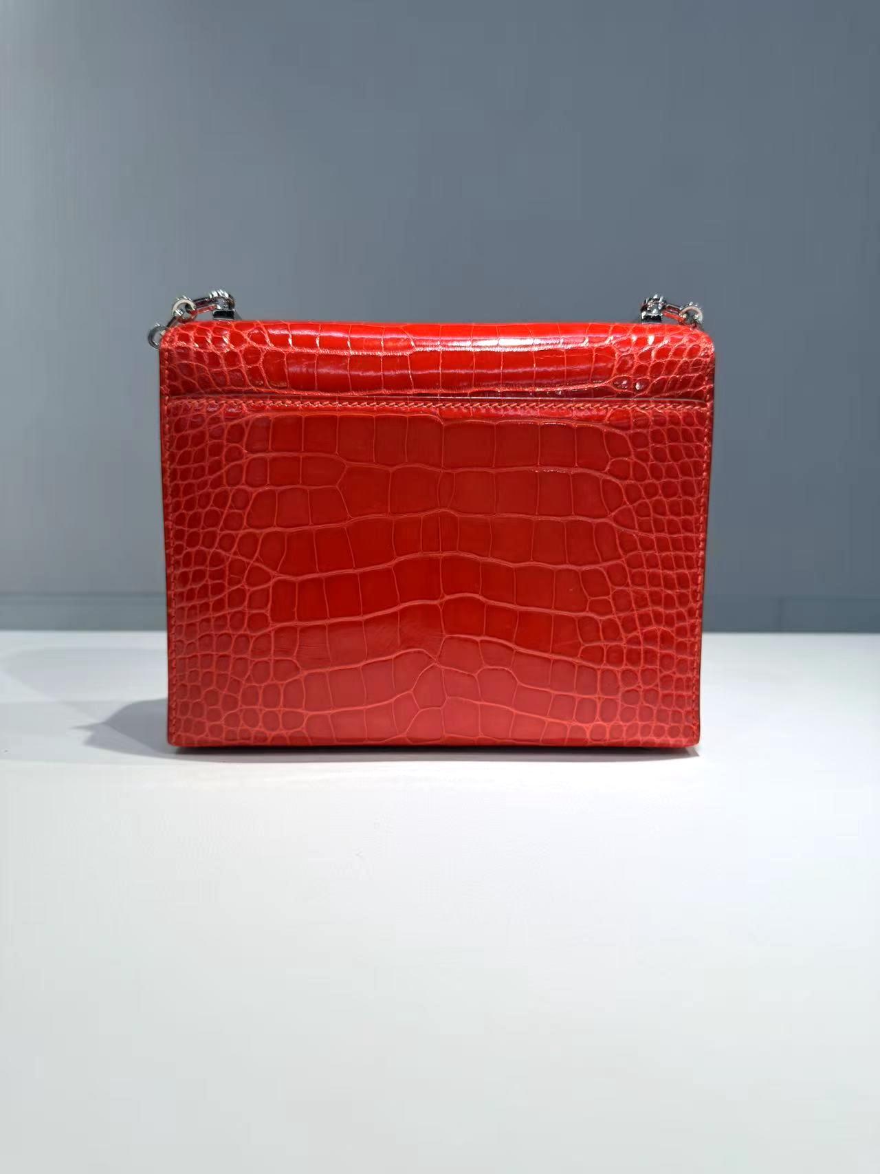 Excellent ( Rank SA ) HERMÈS Verrou Mini Geranium (D5) Shiny Alligator Palladium hardware A (2017) - 35