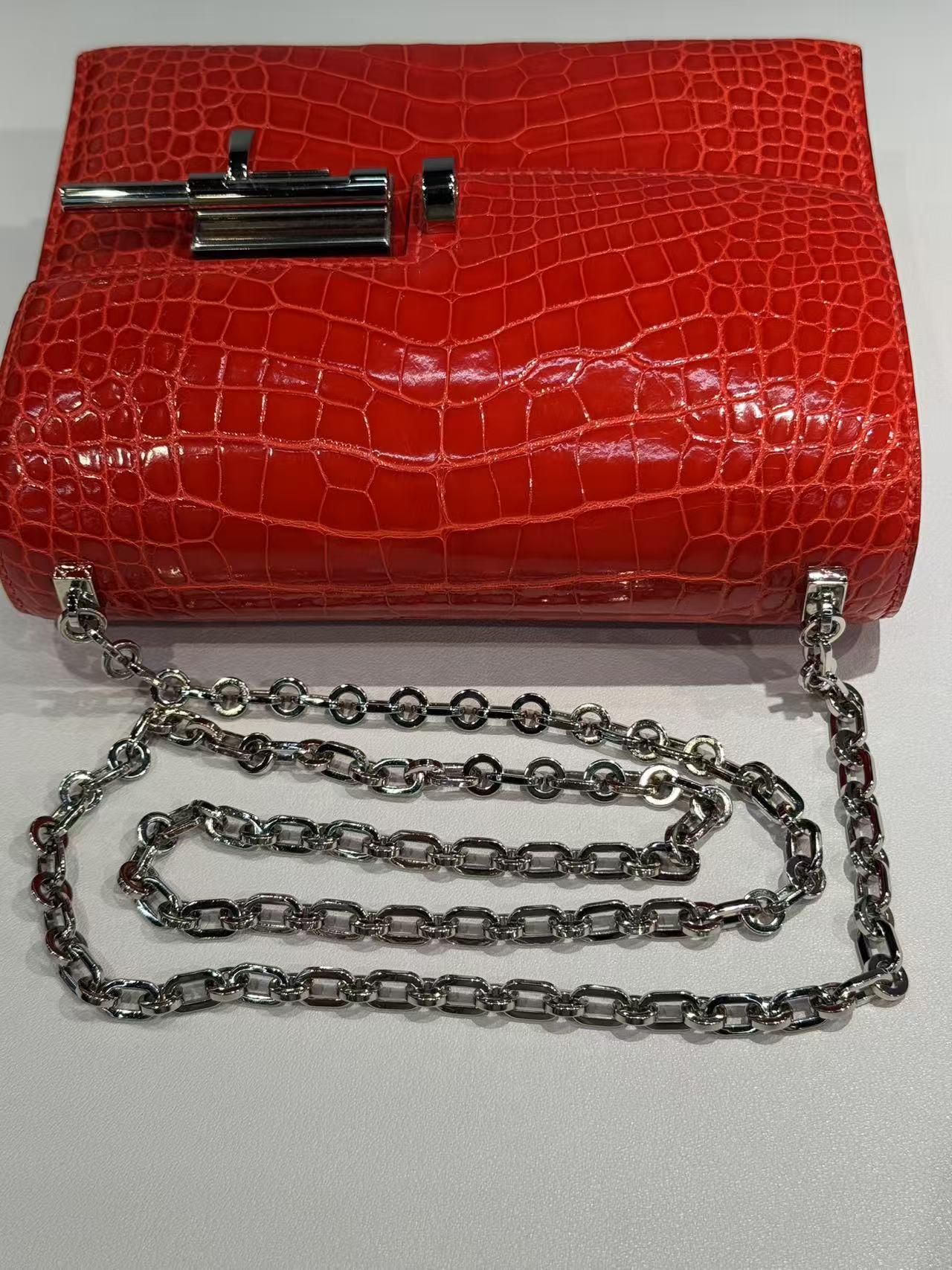 Excellent ( Rank SA ) HERMÈS Verrou Mini Geranium (D5) Shiny Alligator Palladium hardware A (2017) - 34