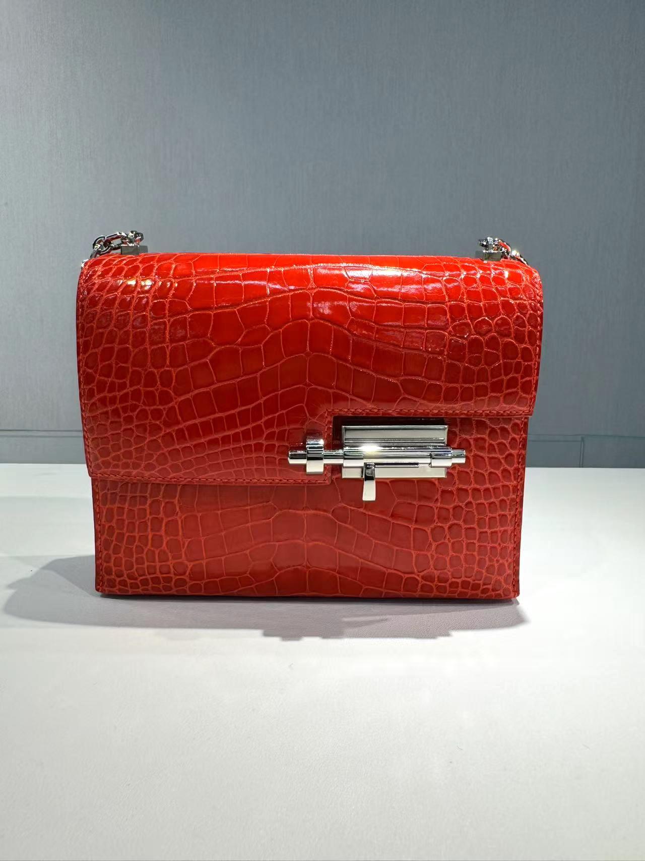 Excellent ( Rank SA ) HERMÈS Verrou Mini Geranium (D5) Shiny Alligator Palladium hardware A (2017) - 33