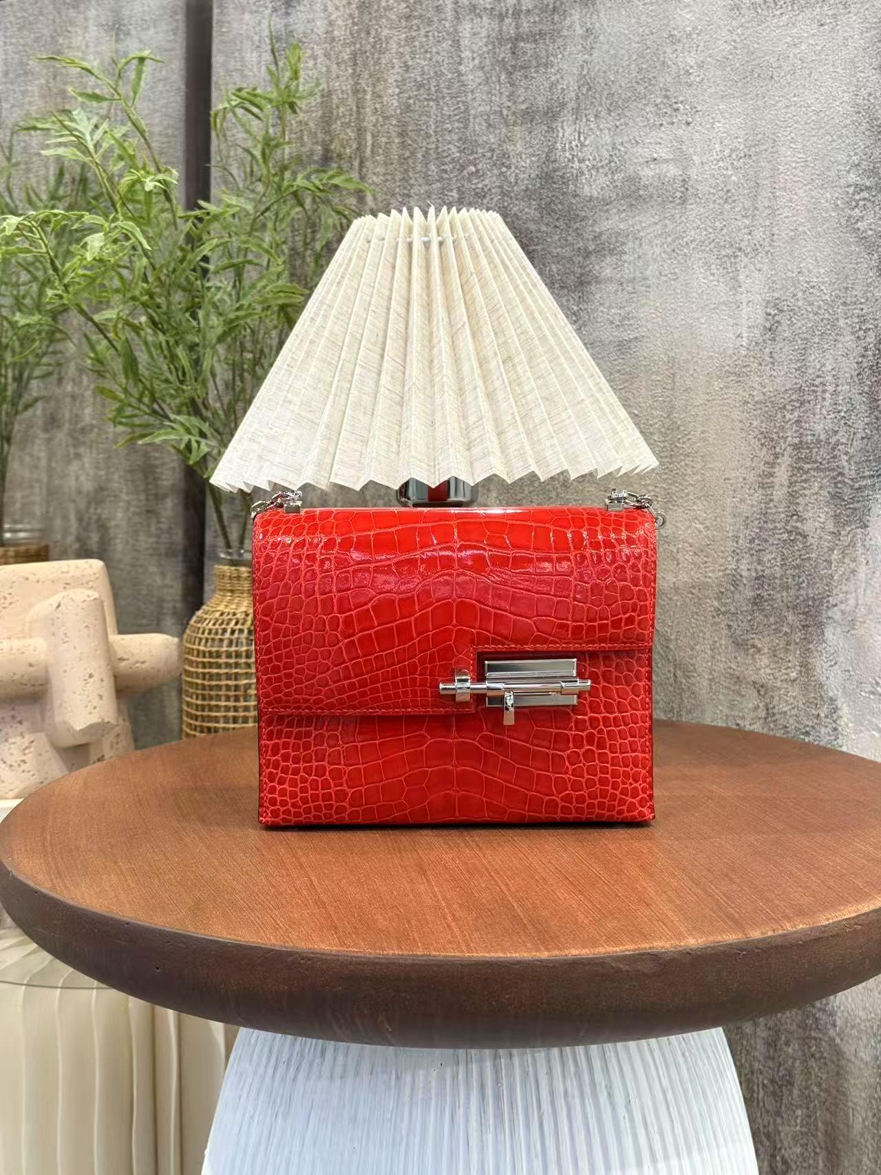 Excellent ( Rank SA ) HERMÈS Verrou Mini Geranium (D5) Shiny Alligator Palladium hardware A (2017) - 4