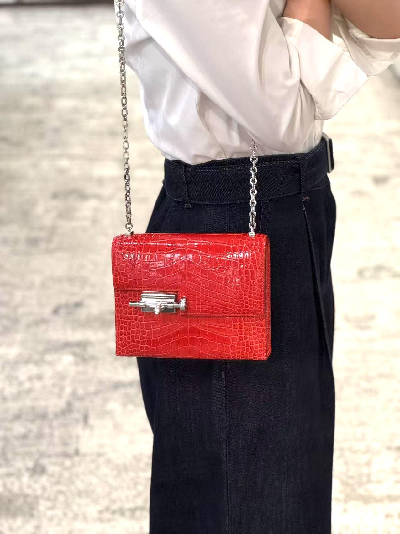 Excellent ( Rank SA ) HERMÈS Verrou Mini Geranium (D5) Shiny Alligator Palladium hardware A (2017) - 3