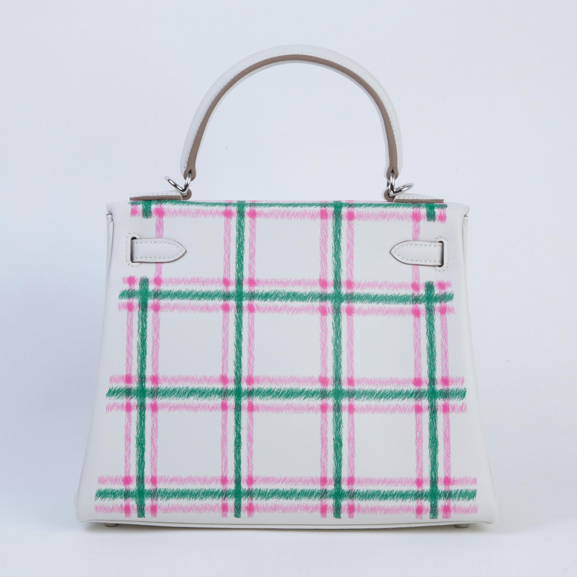 Brand New ( Rank N ) HERMÈS Kelly 25 Tartan Gris Pale (M4) Vert Moyen (65) Rose Bubblegum (L4) Swift Palladium hardware K (2025) - 2