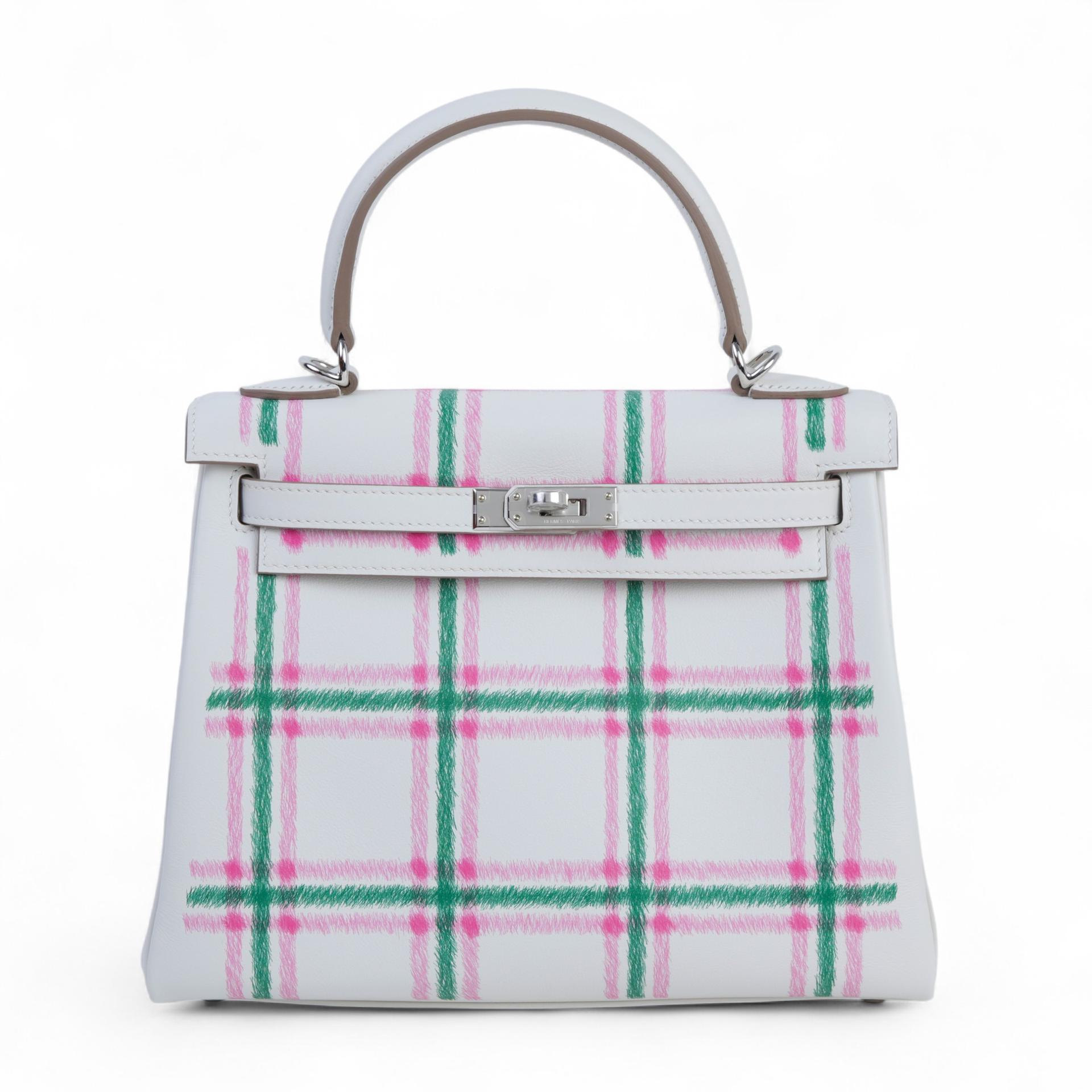 Brand New ( Rank N ) HERMÈS Kelly 25 Tartan Gris Pale (M4) Vert Moyen (65) Rose Bubblegum (L4) Swift Palladium hardware K (2025) - 1