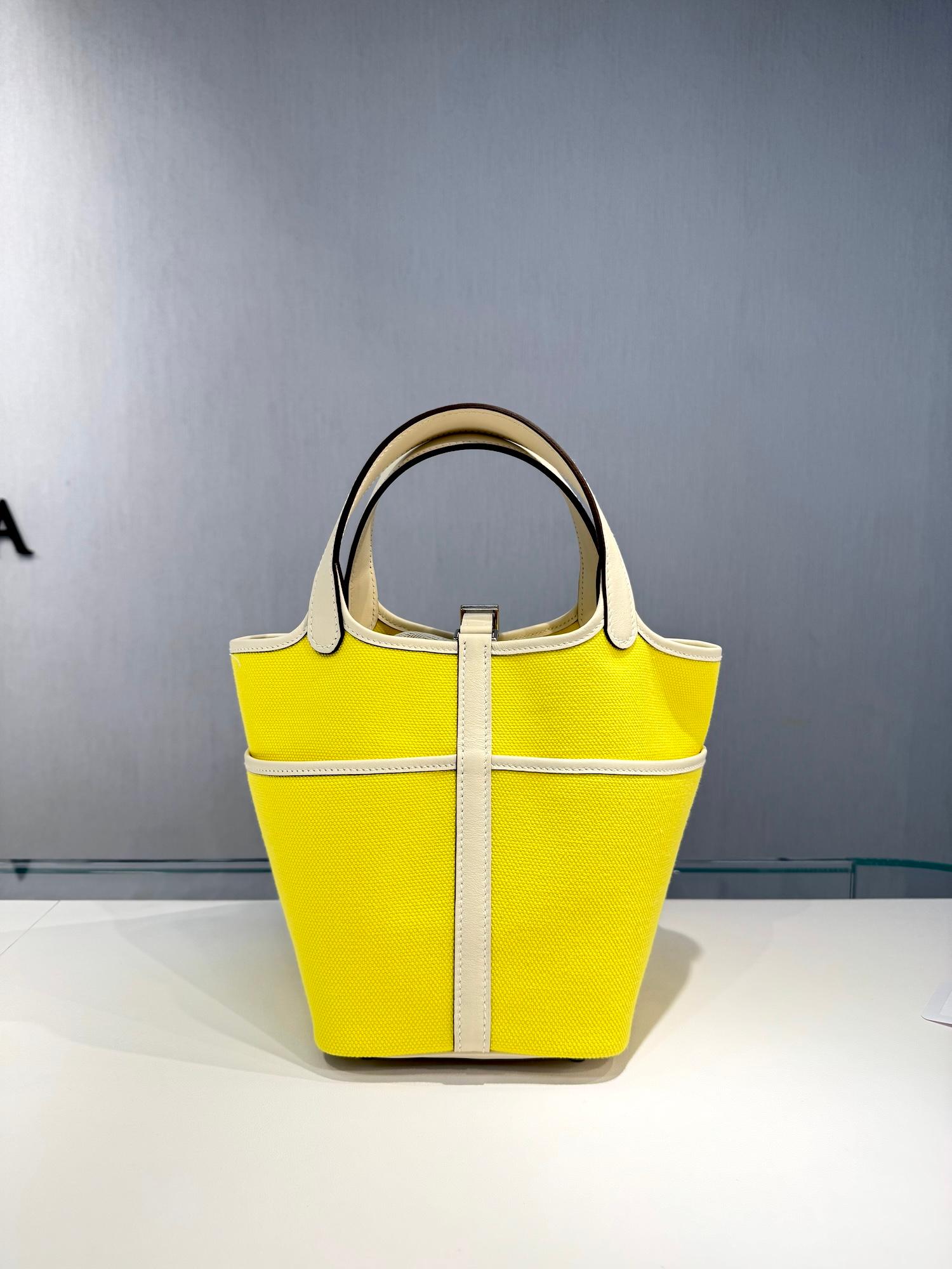 未使用保存品 HERMÈS 愛馬仕 限量收藏款 Picotin 菜籃子 PM 18 Cargo 9N 糖果黃 Jaune Citron I2 奶油白 Nata Swift牛皮 帆布 銀扣 U刻 2022年 - 21