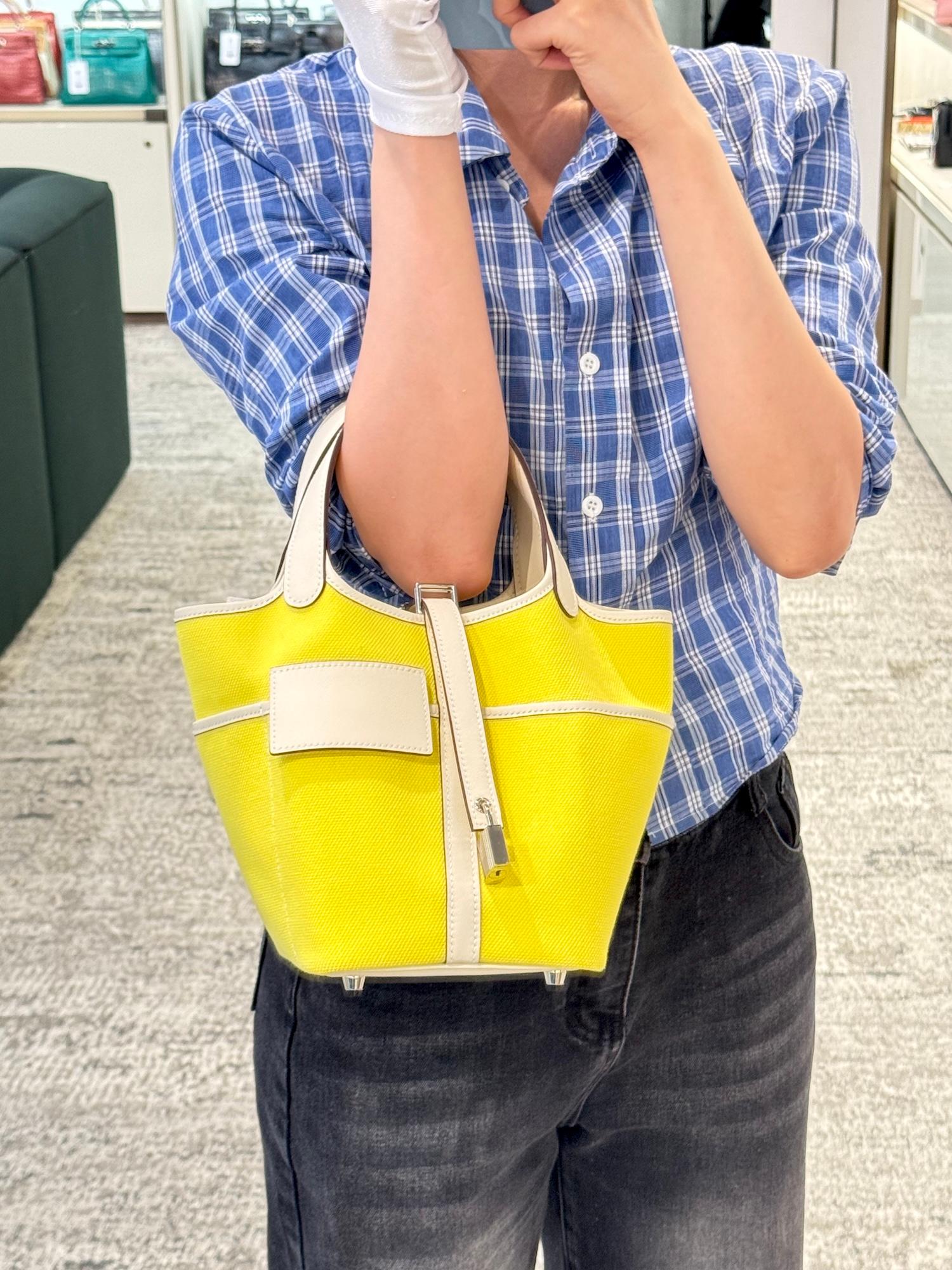 未使用保存品 HERMÈS 愛馬仕 限量收藏款 Picotin 菜籃子 PM 18 Cargo 9N 糖果黃 Jaune Citron I2 奶油白 Nata Swift牛皮 帆布 銀扣 U刻 2022年 - 3