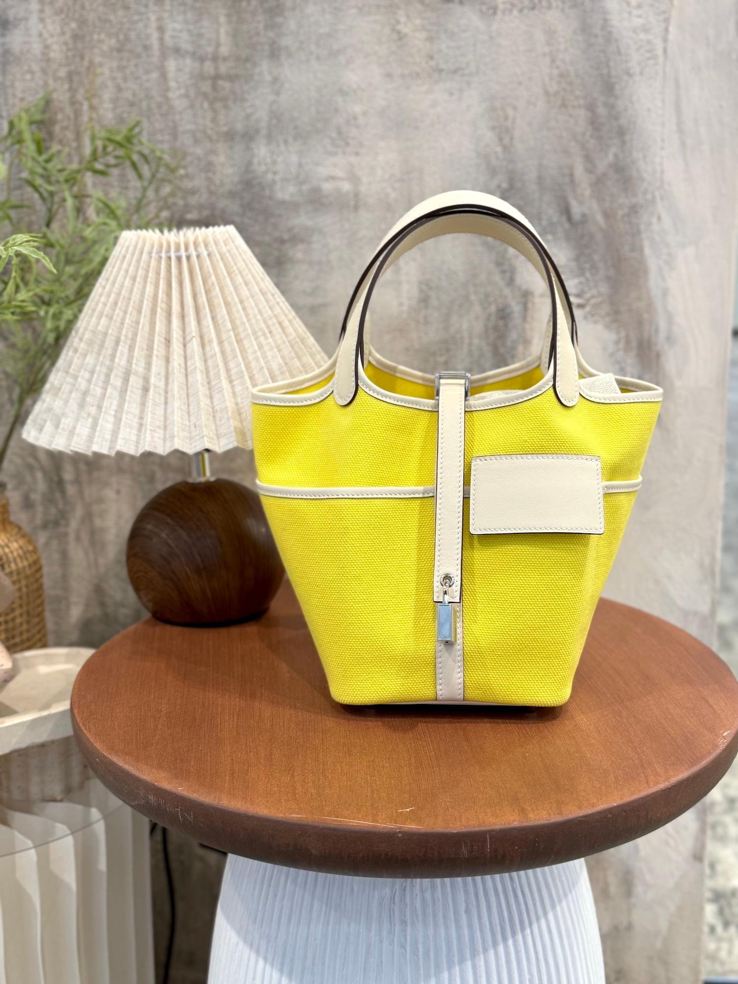 未使用保存品 HERMÈS 愛馬仕 限量收藏款 Picotin 菜籃子 PM 18 Cargo 9N 糖果黃 Jaune Citron I2 奶油白 Nata Swift牛皮 帆布 銀扣 U刻 2022年 - 4