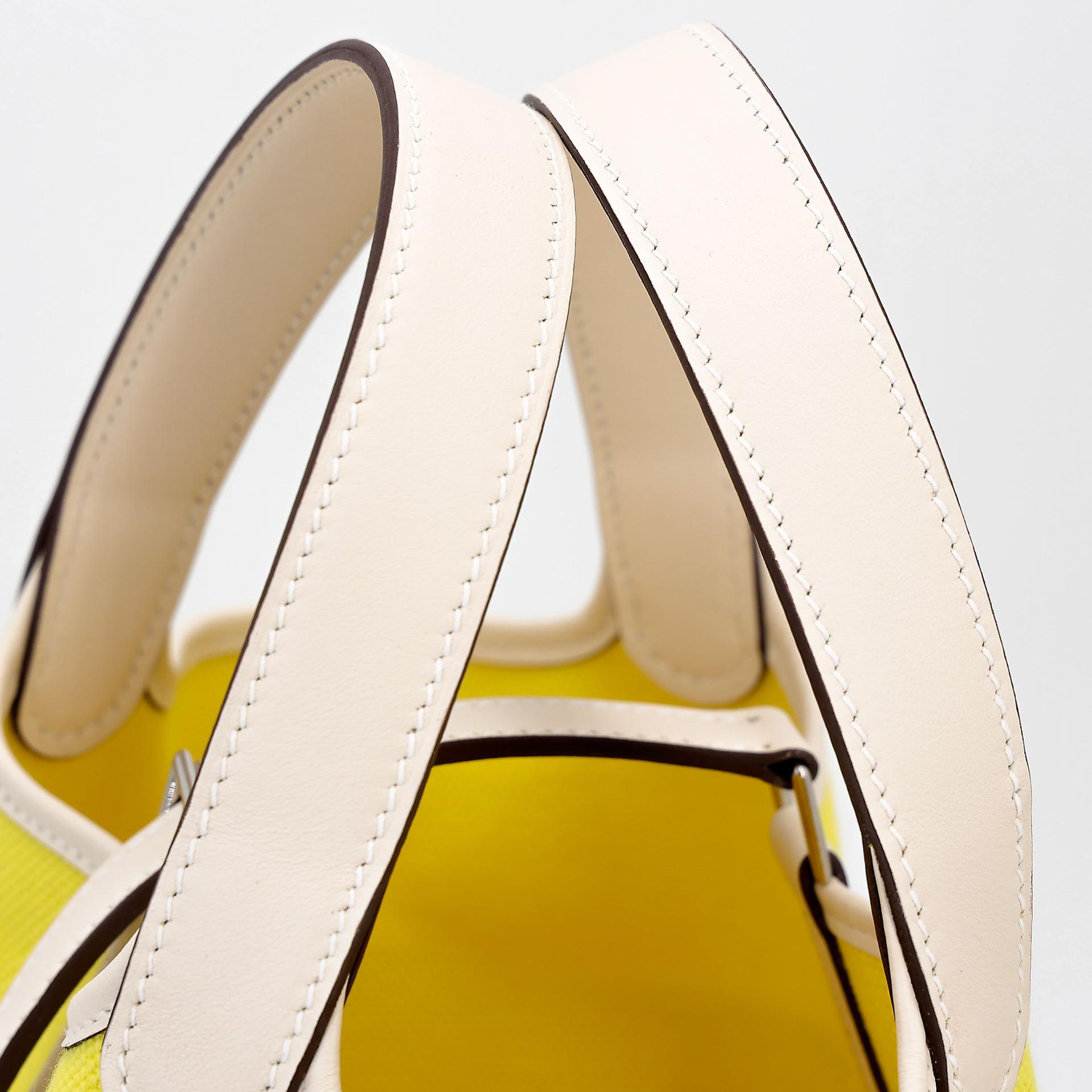 未使用保存品 HERMÈS 愛馬仕 限量收藏款 Picotin 菜籃子 PM 18 Cargo 9N 糖果黃 Jaune Citron I2 奶油白 Nata Swift牛皮 帆布 銀扣 U刻 2022年 - 5