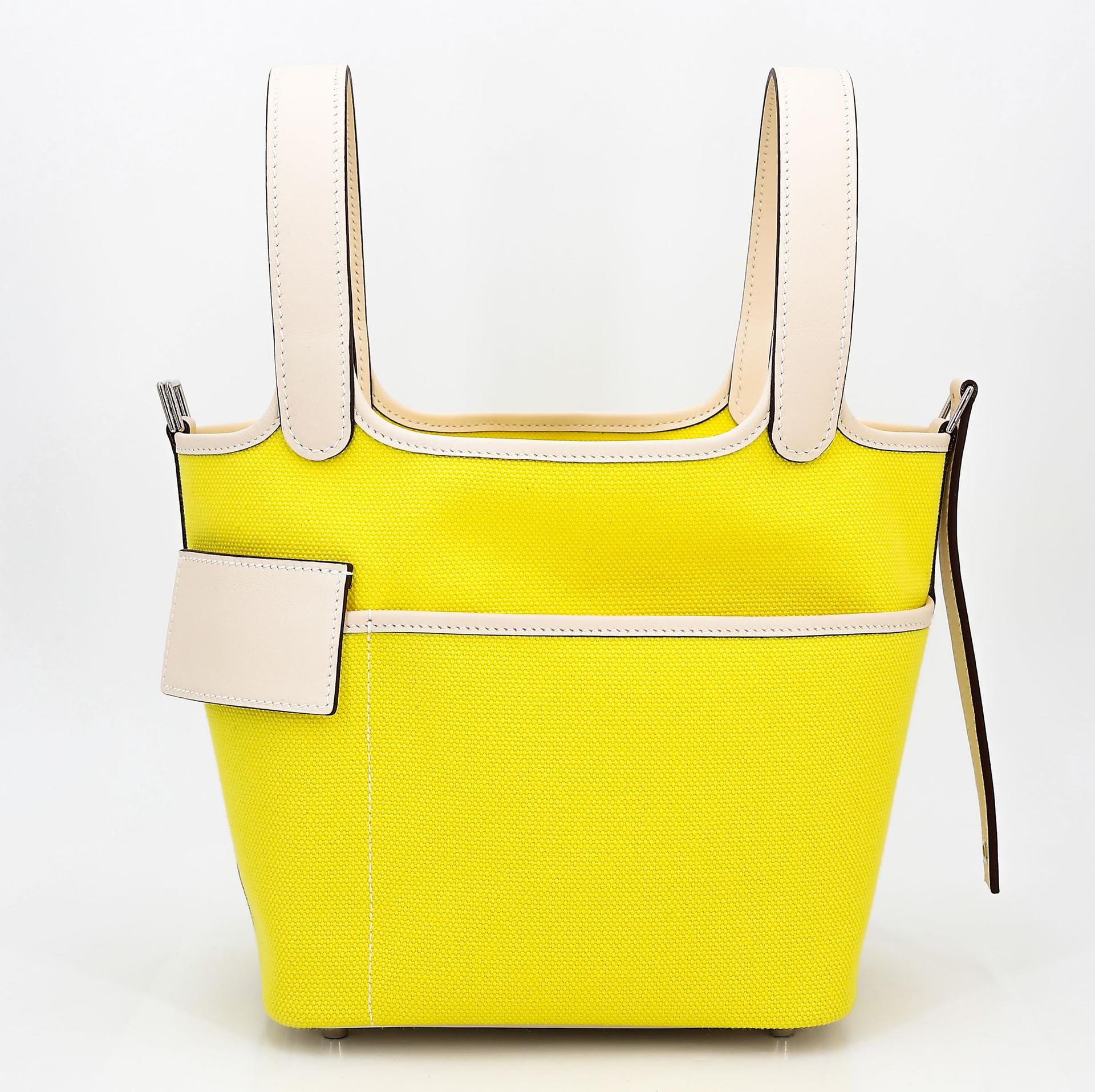 未使用保存品 HERMÈS 愛馬仕 限量收藏款 Picotin 菜籃子 PM 18 Cargo 9N 糖果黃 Jaune Citron I2 奶油白 Nata Swift牛皮 帆布 銀扣 U刻 2022年 - 6