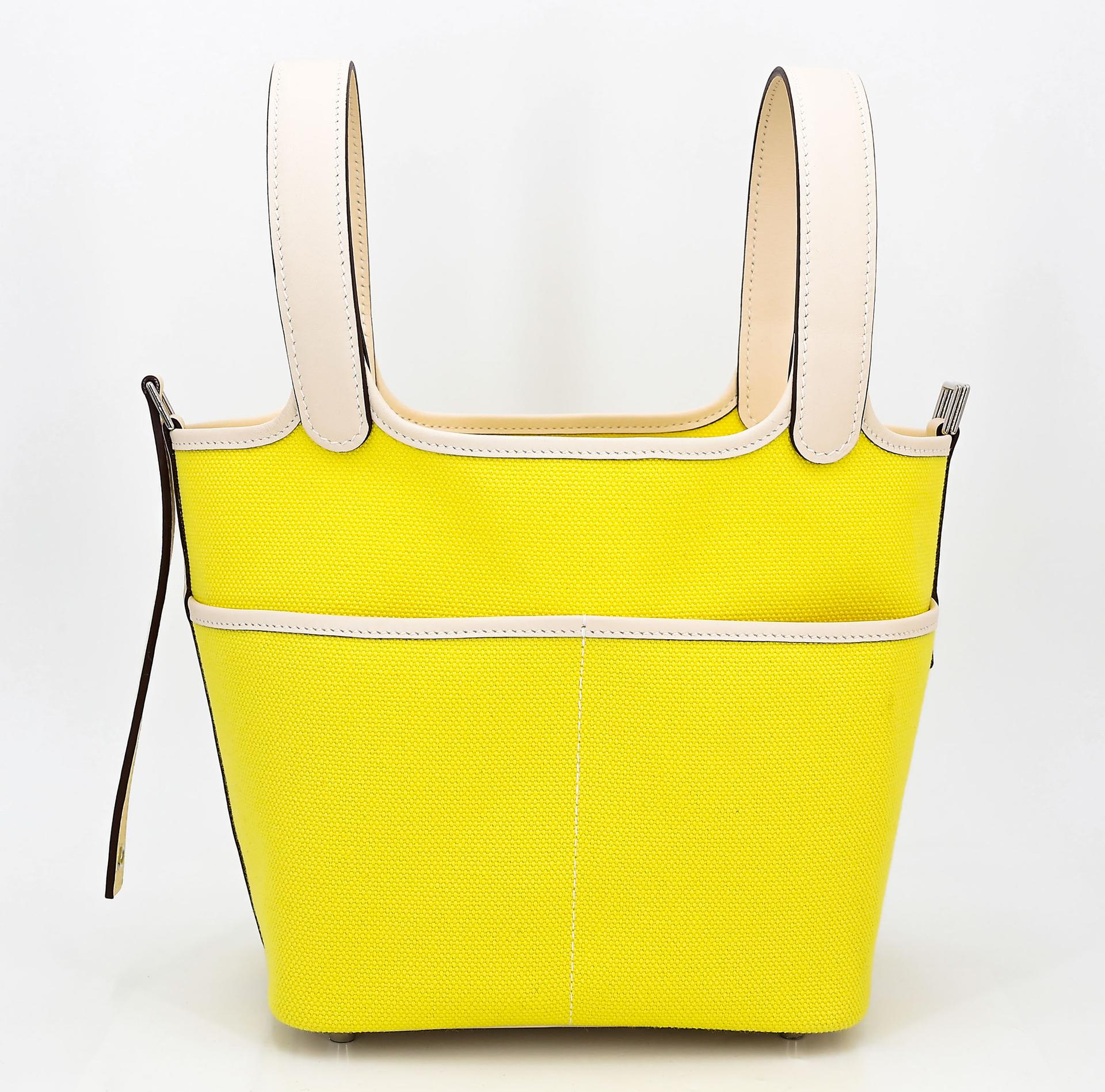 未使用保存品 HERMÈS 愛馬仕 限量收藏款 Picotin 菜籃子 PM 18 Cargo 9N 糖果黃 Jaune Citron I2 奶油白 Nata Swift牛皮 帆布 銀扣 U刻 2022年 - 7