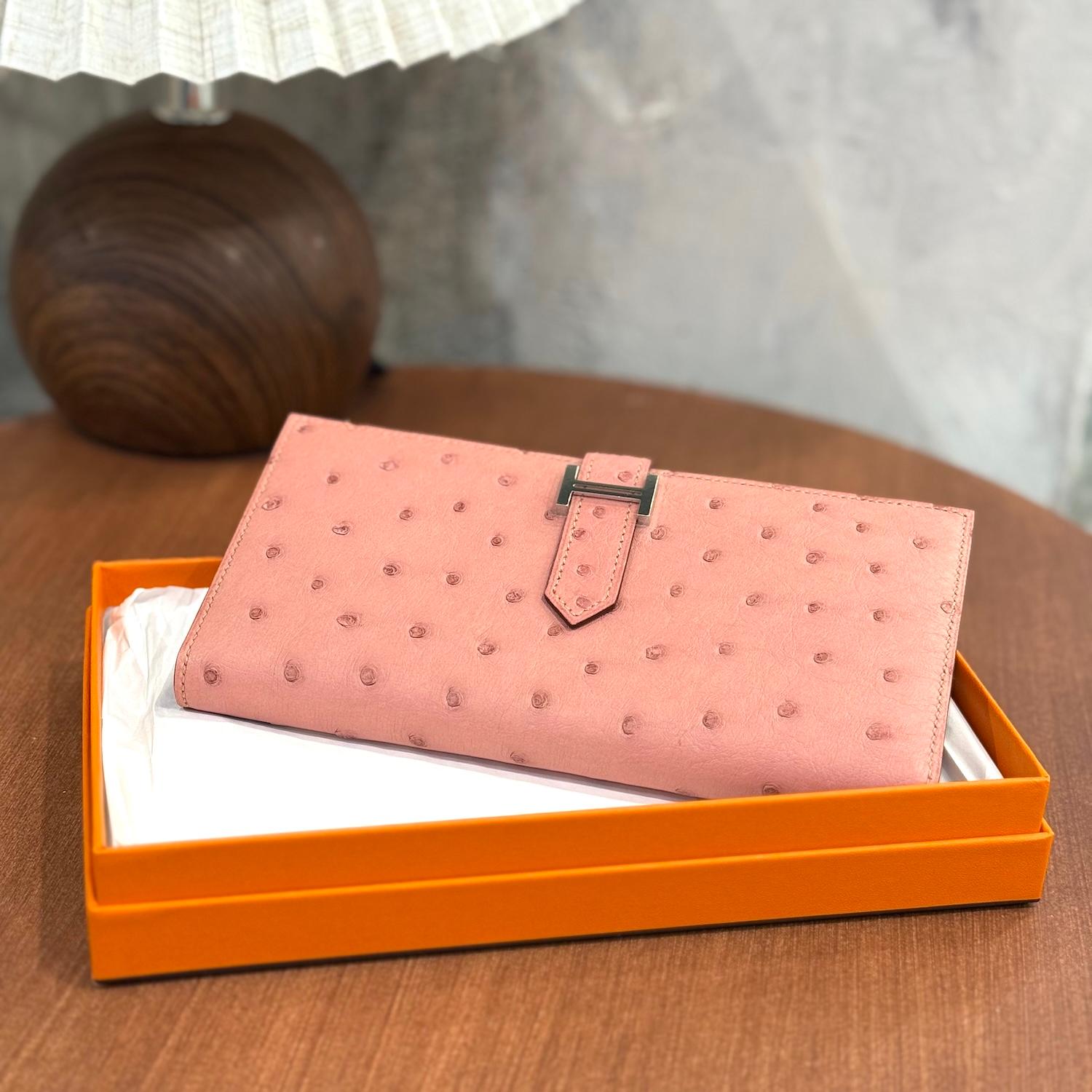 Unused ( Rank NS )  HERMÈS  Bearn Souffle wallet Terre Cuite (94) Ostrich Palladium hardware X (2016) - 3