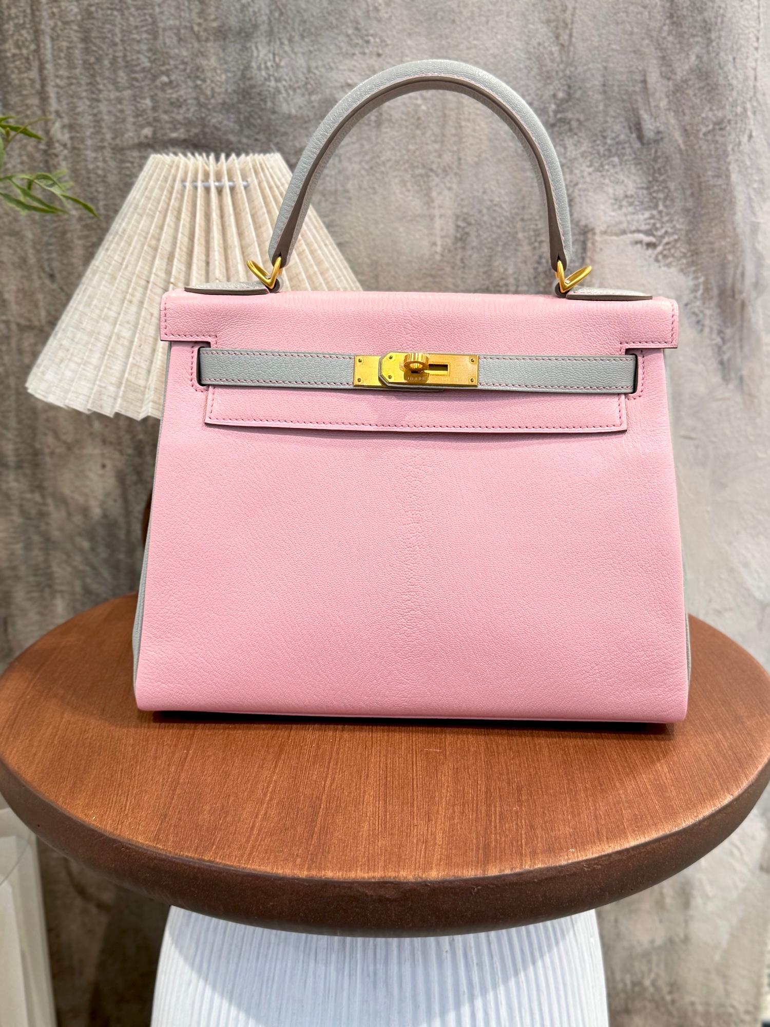 Unused ( Rank NS ) HERMÈS Special Order Kelly 28 HSS Rose Sakura (3Q) Gris Perle (80) Chevre Brushed Gold hardware A (2017) - 4