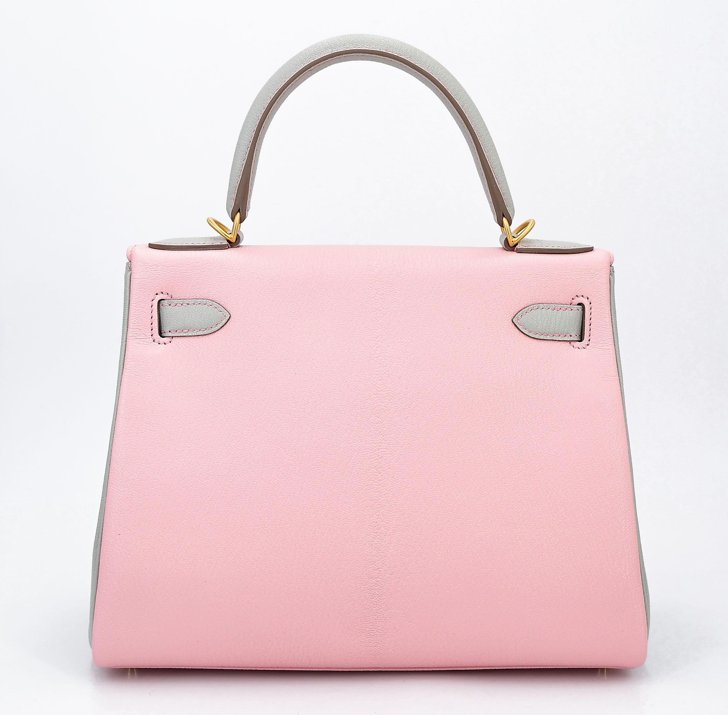 Unused ( Rank NS ) HERMÈS Special Order Kelly 28 HSS Rose Sakura (3Q) Gris Perle (80) Chevre Brushed Gold hardware A (2017) - 2