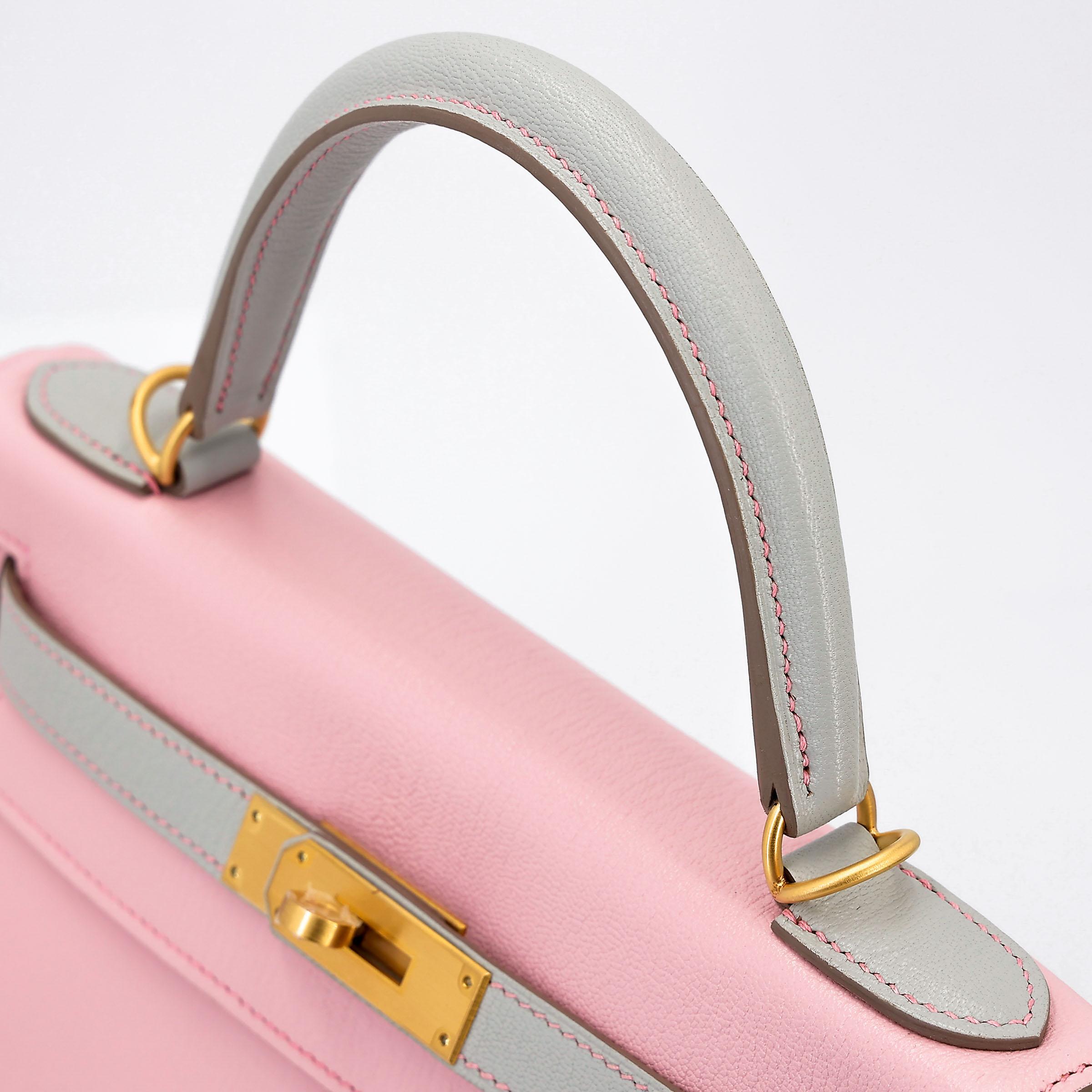 Unused ( Rank NS ) HERMÈS Special Order Kelly 28 HSS Rose Sakura (3Q) Gris Perle (80) Chevre Brushed Gold hardware A (2017) - 5