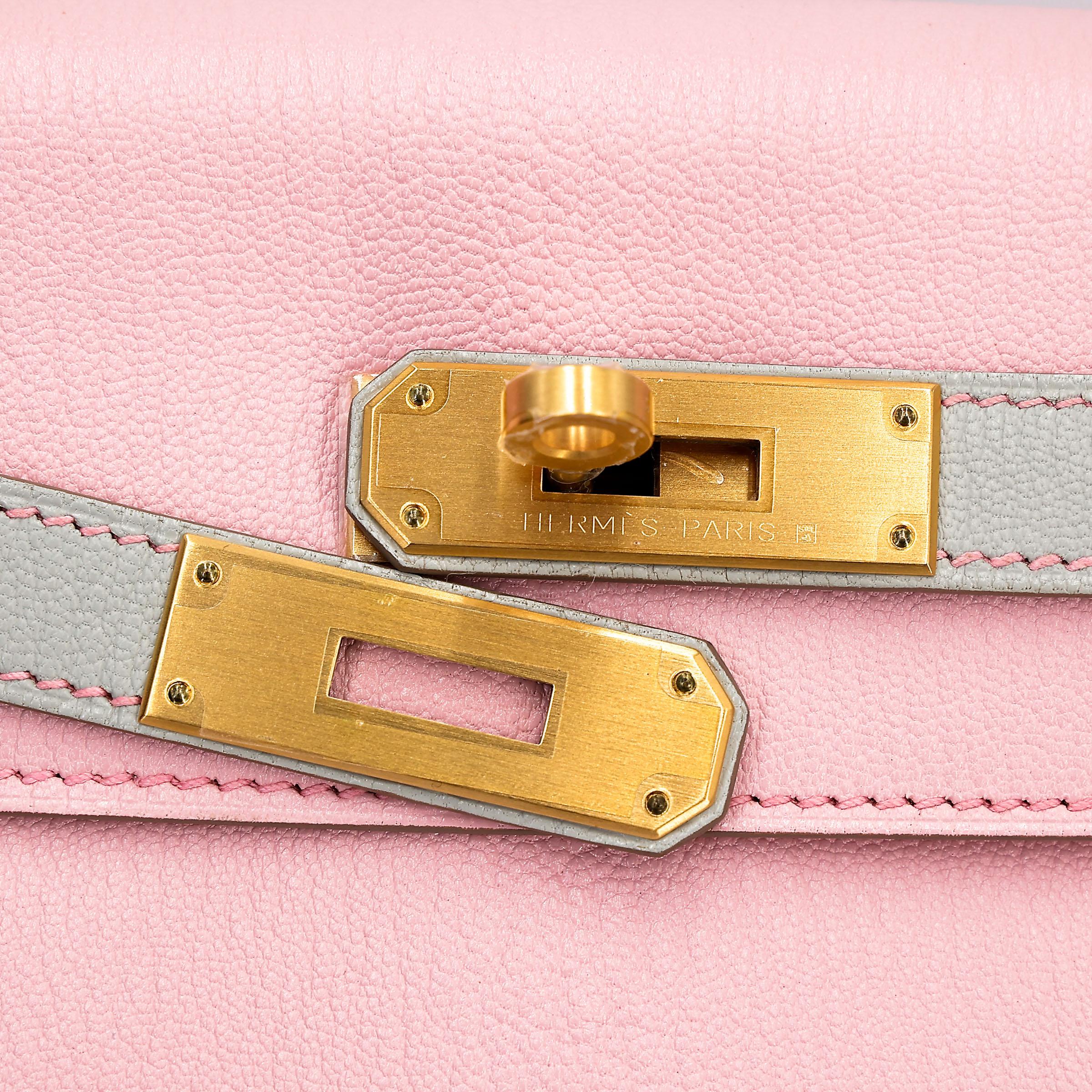 Unused ( Rank NS ) HERMÈS Special Order Kelly 28 HSS Rose Sakura (3Q) Gris Perle (80) Chevre Brushed Gold hardware A (2017) - 10