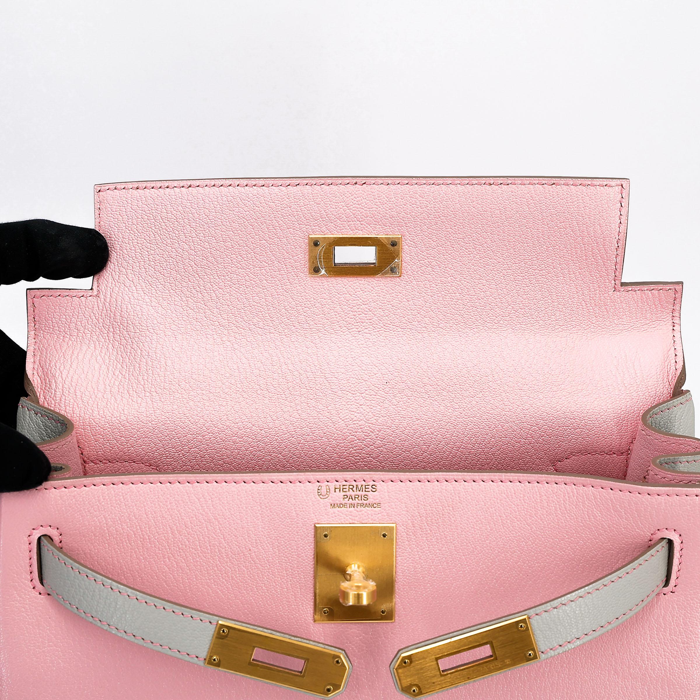 Unused ( Rank NS ) HERMÈS Special Order Kelly 28 HSS Rose Sakura (3Q) Gris Perle (80) Chevre Brushed Gold hardware A (2017) - 13