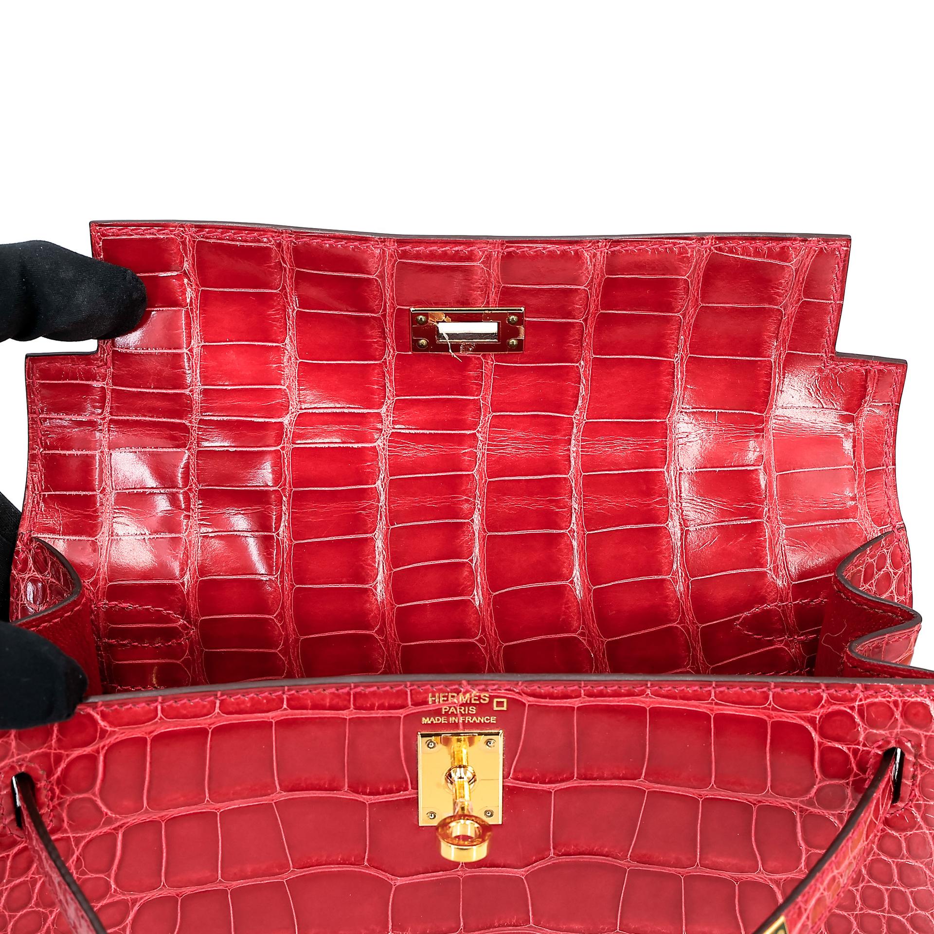 ランク A HERMÈS エルメス ケリー25 セリエ ルージュクー (S3) クロコダイル アリゲーター リセ ゴールド金具 C刻印 - 25
