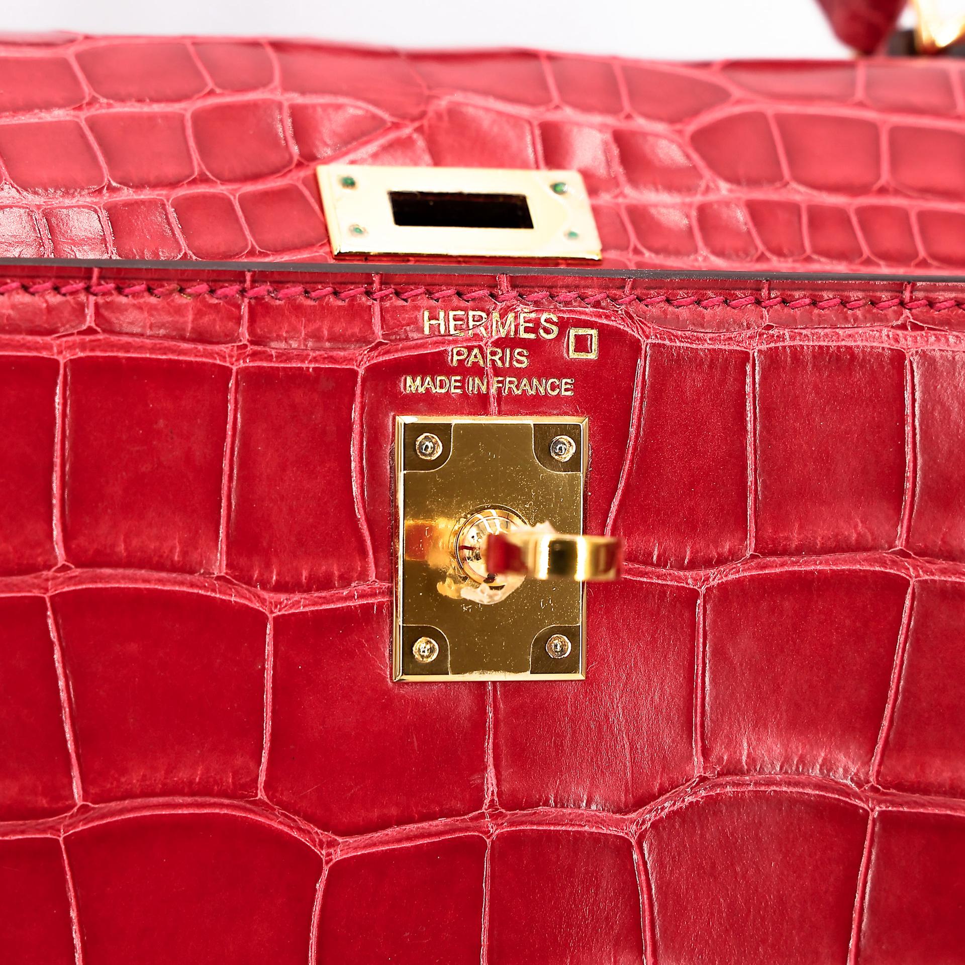 ランク A HERMÈS エルメス ケリー25 セリエ ルージュクー (S3) クロコダイル アリゲーター リセ ゴールド金具 C刻印 - 31