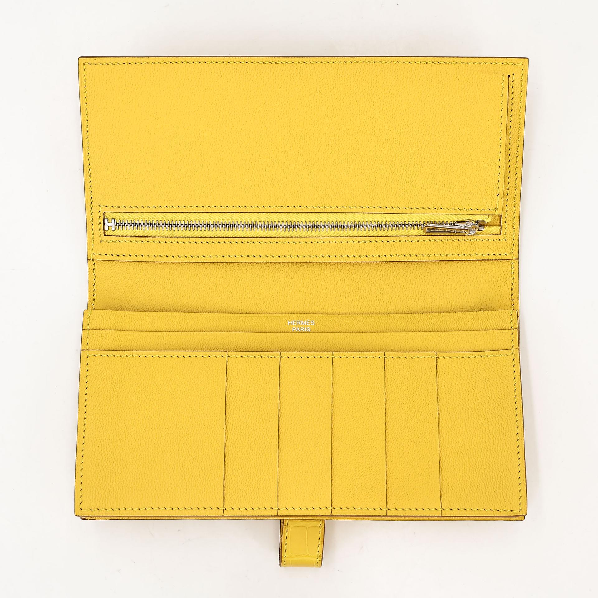 未使用保存品  HERMÈS 愛馬仕  Bearn Souffle 長款錢包 M9 金盞黃 Mimosa □ 短吻鱷 霧面 銀扣 D刻 2019年 - 11