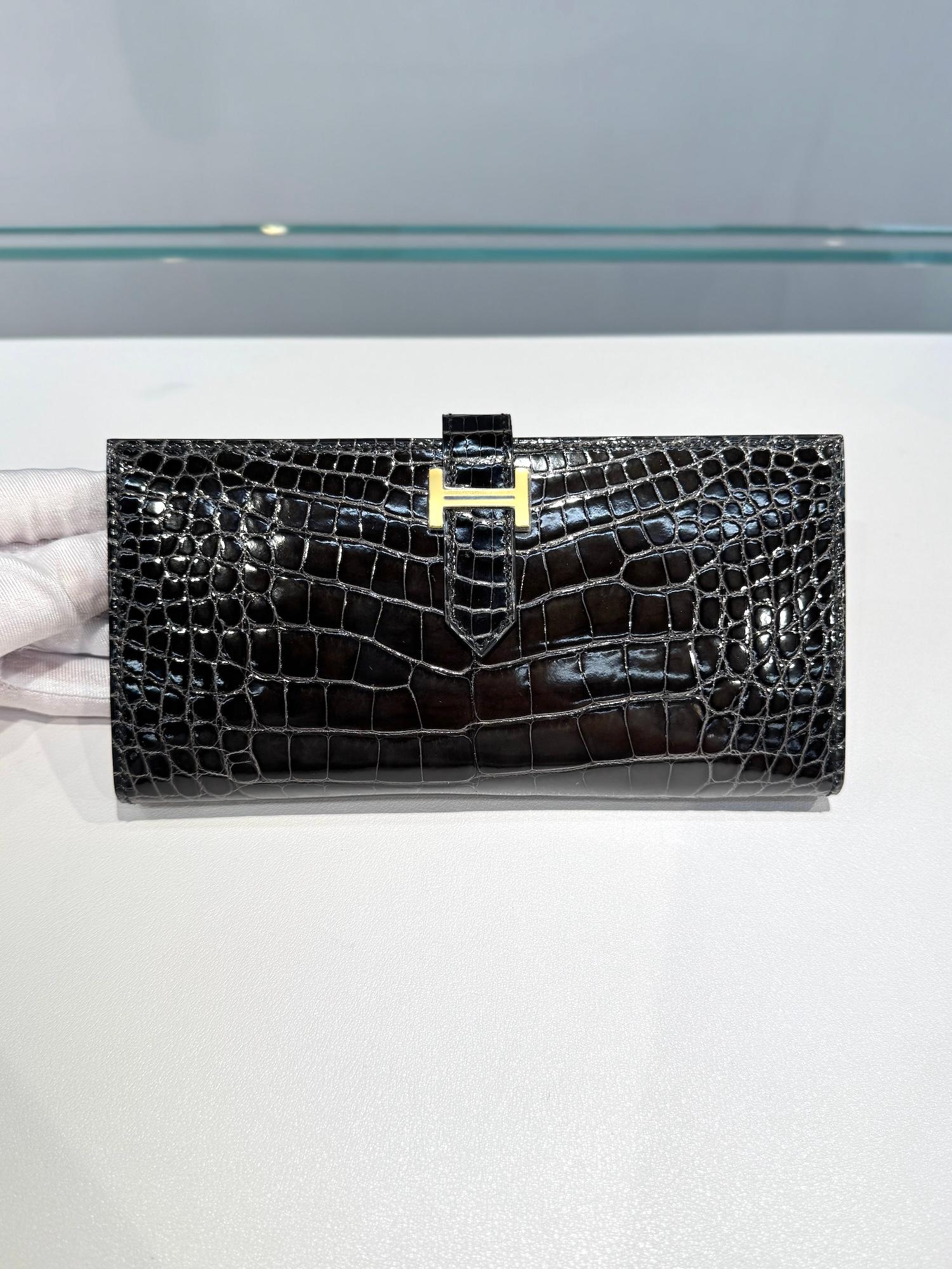 未使用保存品  HERMÈS 愛馬仕  Bearn Souffle 長款錢包 88 石墨灰 Graphite □ 短吻鱷 金扣 C刻 2018年 - 18