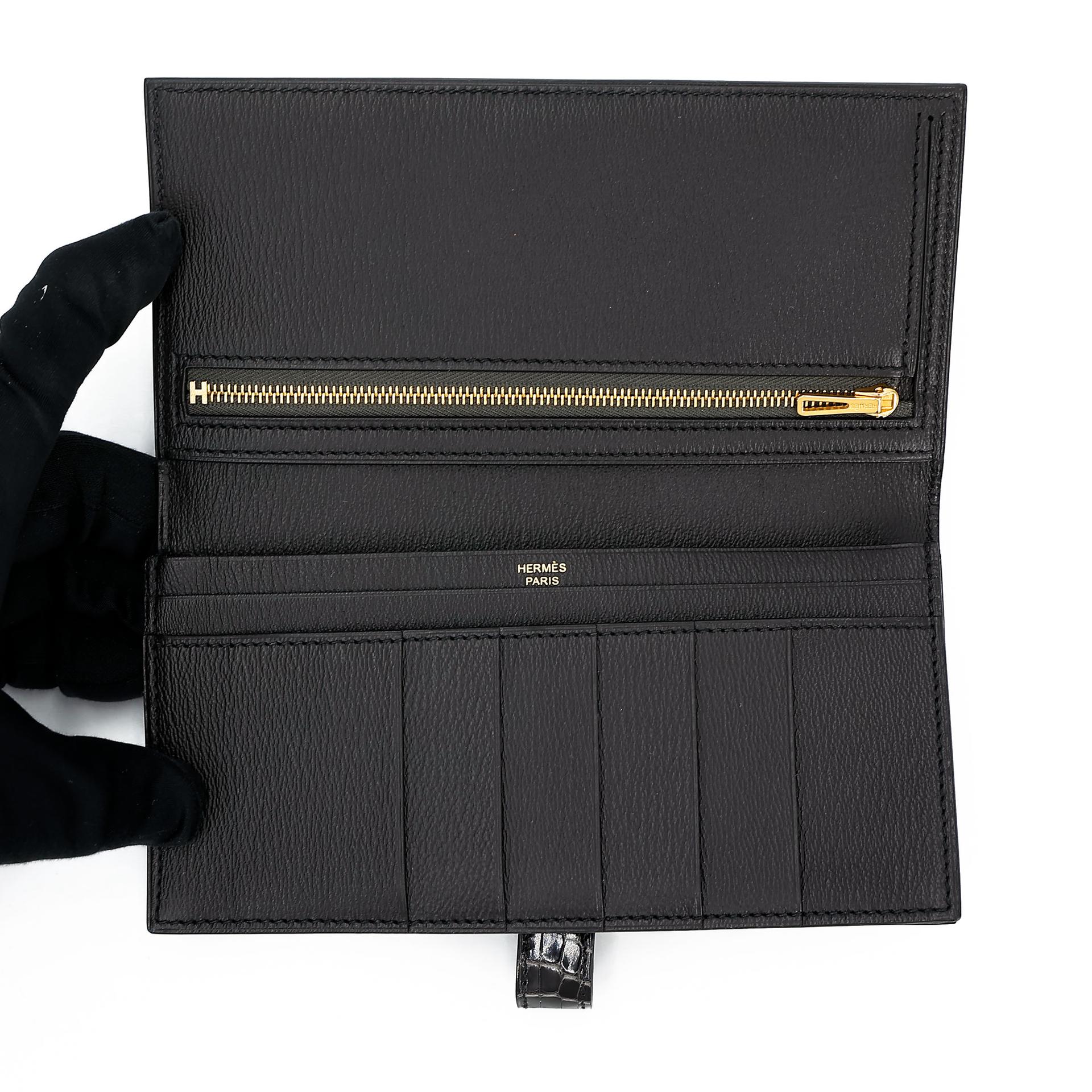 未使用保存品  HERMÈS 愛馬仕  Bearn Souffle 長款錢包 88 石墨灰 Graphite □ 短吻鱷 金扣 C刻 2018年 - 9