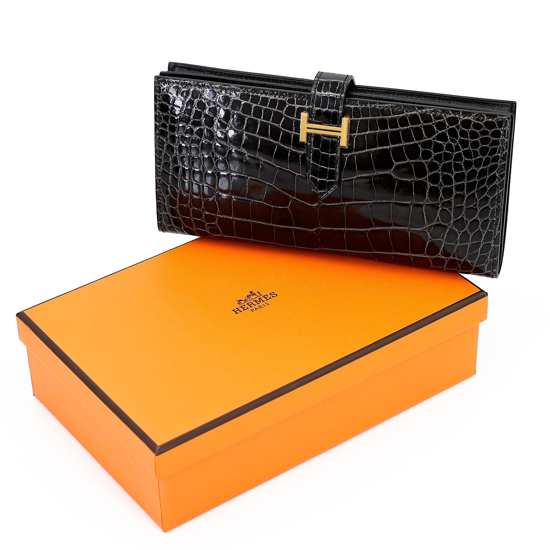 未使用保存品  HERMÈS 愛馬仕  Bearn Souffle 長款錢包 88 石墨灰 Graphite □ 短吻鱷 金扣 C刻 2018年 - 3