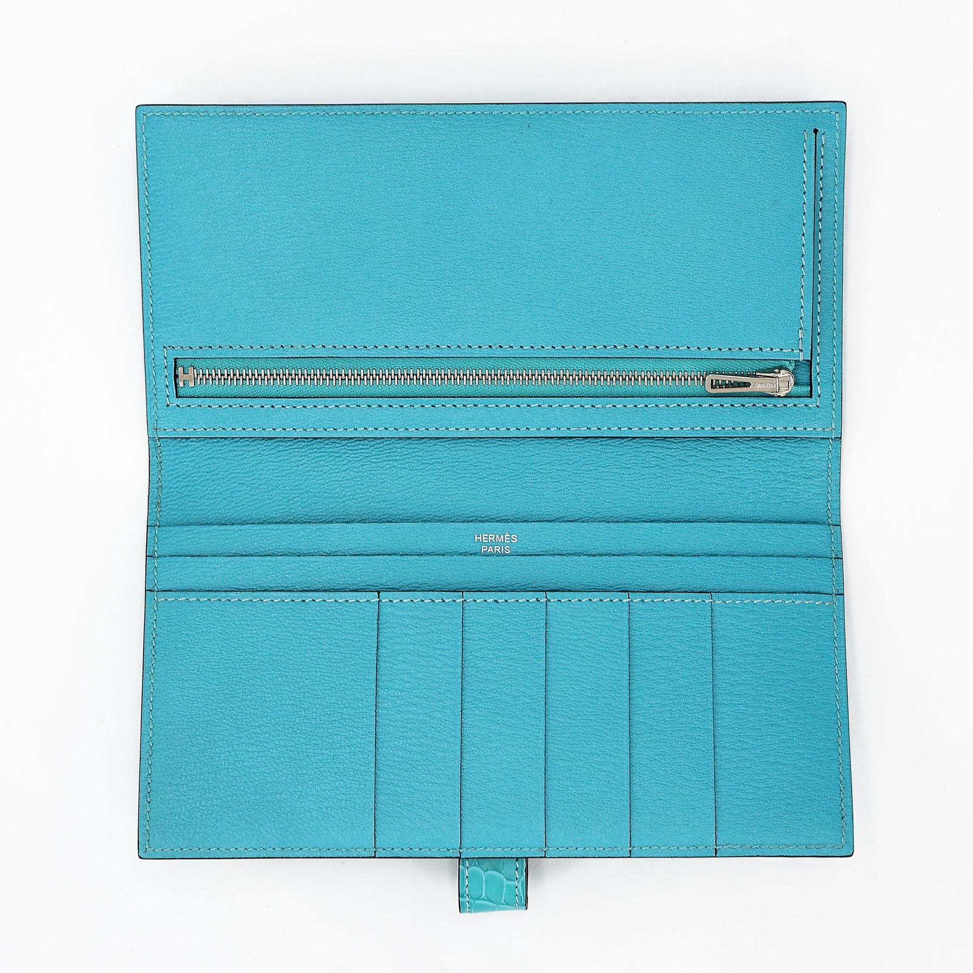 未使用保存品 HERMÈS 愛馬仕 Bearn Souffle 長款錢包 3P 馬卡龍藍 Bleu Atoll □ 短吻鱷 霧面 銀扣 Y刻 2020年 - 9