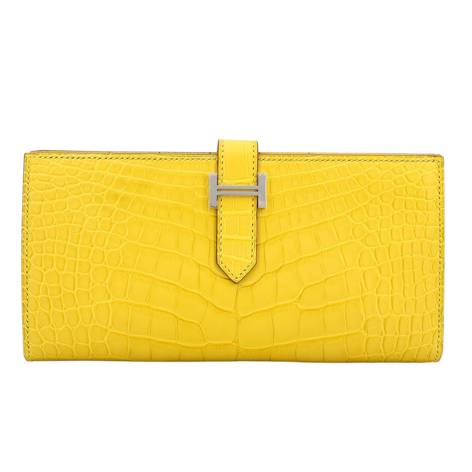 未使用保存品  HERMÈS 愛馬仕  Bearn Souffle 長款錢包 M9 金盞黃 Mimosa □ 短吻鱷 霧面 銀扣 D刻 2019年 - 1
