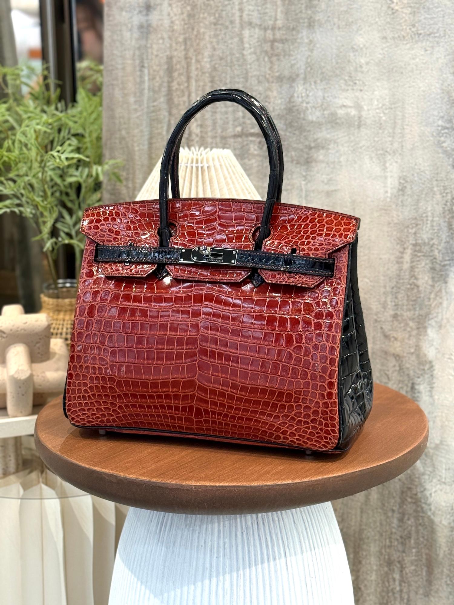 Excellent ( Rank SA ) HERMÈS Special Order Birkin 30 HSS Noir (89) Geranium (D5) Shiny Porosus Crocodile Palladium hardware Square M (2009) - 4