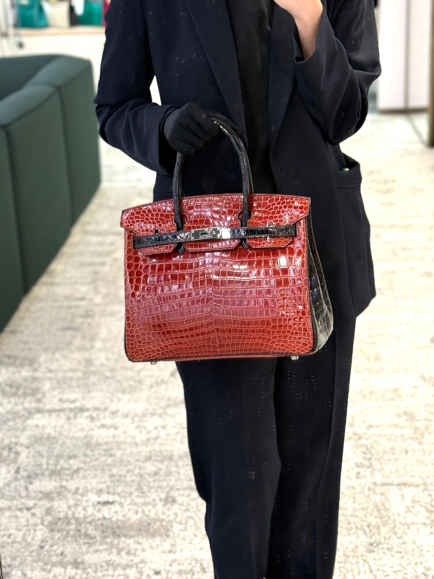 Excellent ( Rank SA ) HERMÈS Special Order Birkin 30 HSS Noir (89) Geranium (D5) Shiny Porosus Crocodile Palladium hardware Square M (2009) - 3