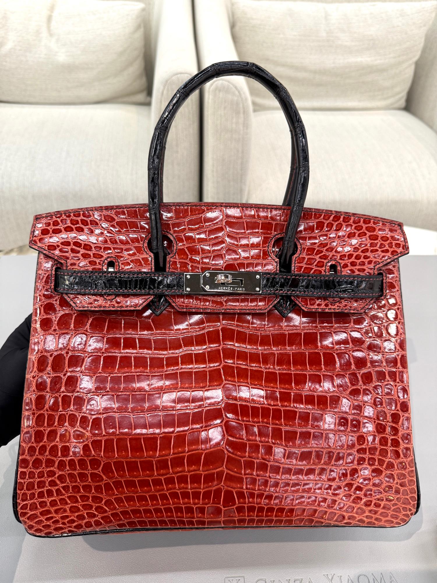 Excellent ( Rank SA ) HERMÈS Special Order Birkin 30 HSS Noir (89) Geranium (D5) Shiny Porosus Crocodile Palladium hardware Square M (2009) - 5