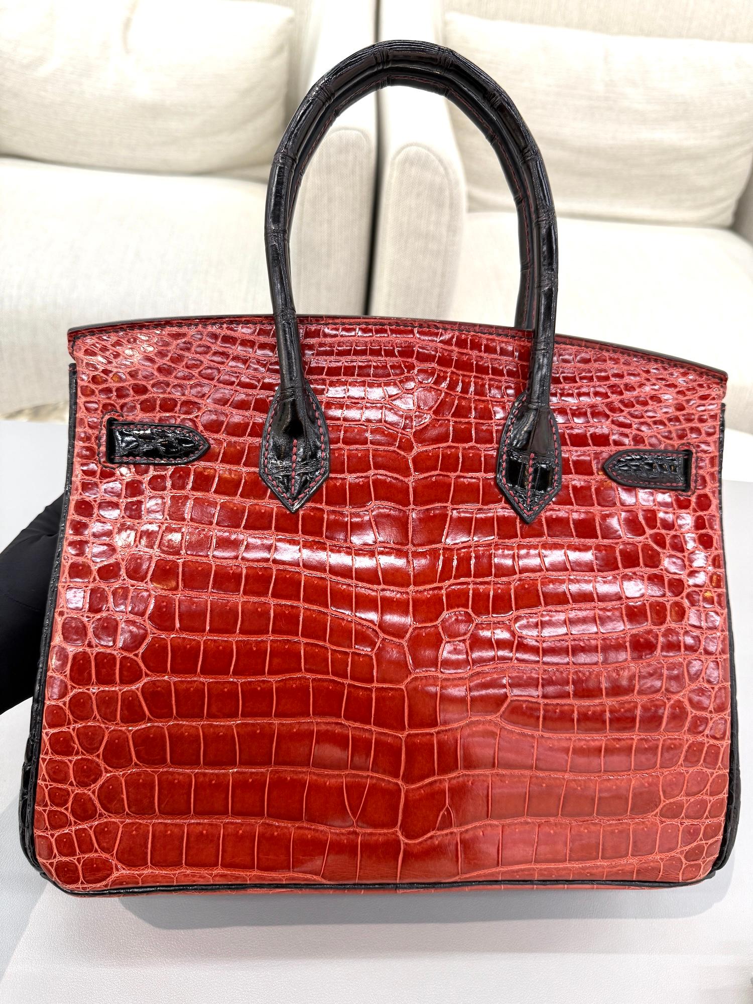 Excellent ( Rank SA ) HERMÈS Special Order Birkin 30 HSS Noir (89) Geranium (D5) Shiny Porosus Crocodile Palladium hardware Square M (2009) - 6