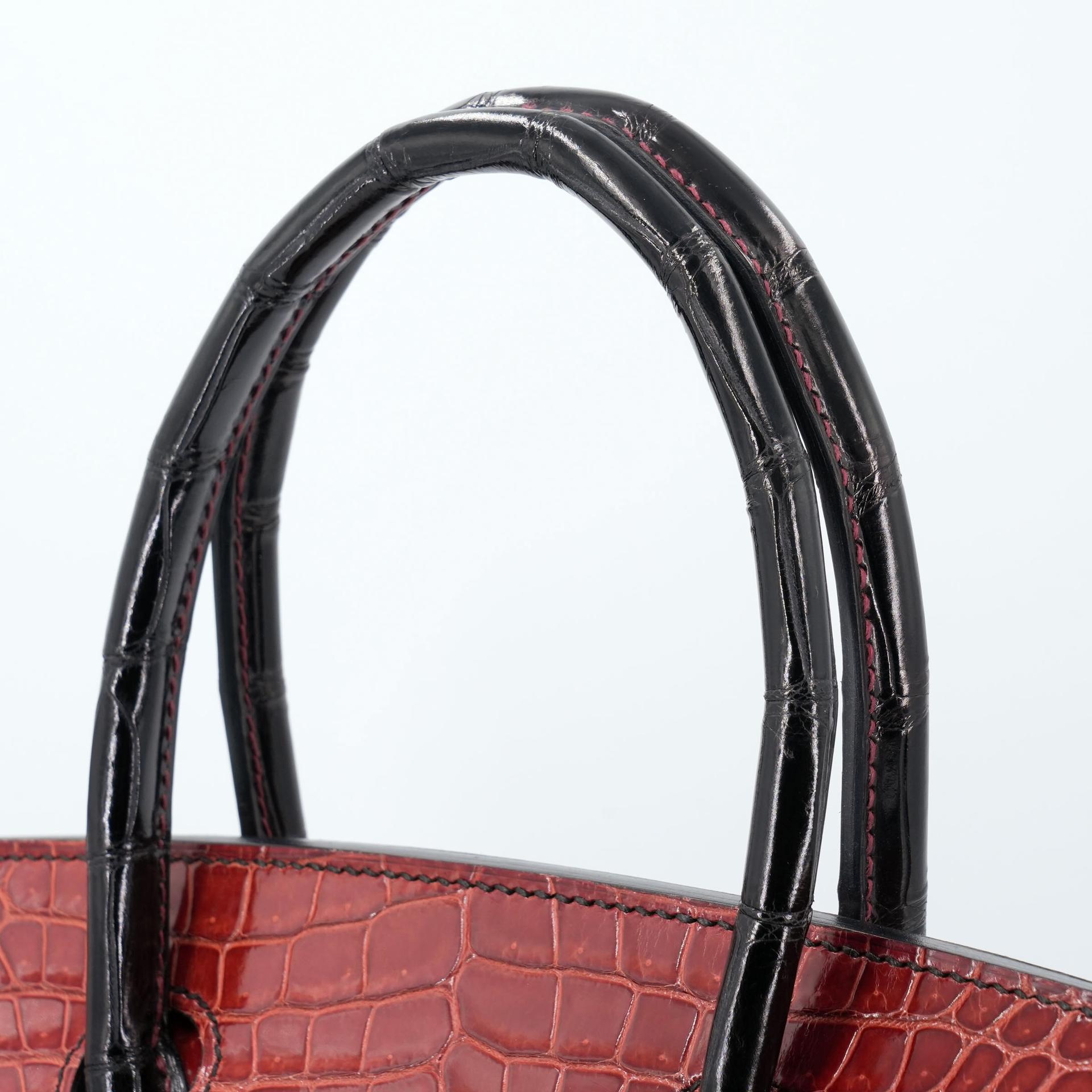 Excellent ( Rank SA ) HERMÈS Special Order Birkin 30 HSS Noir (89) Geranium (D5) Shiny Porosus Crocodile Palladium hardware Square M (2009) - 7