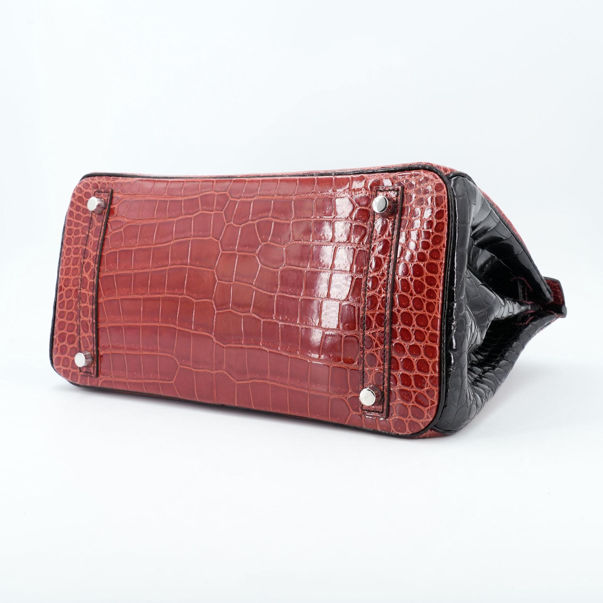Excellent ( Rank SA ) HERMÈS Special Order Birkin 30 HSS Noir (89) Geranium (D5) Shiny Porosus Crocodile Palladium hardware Square M (2009) - 9