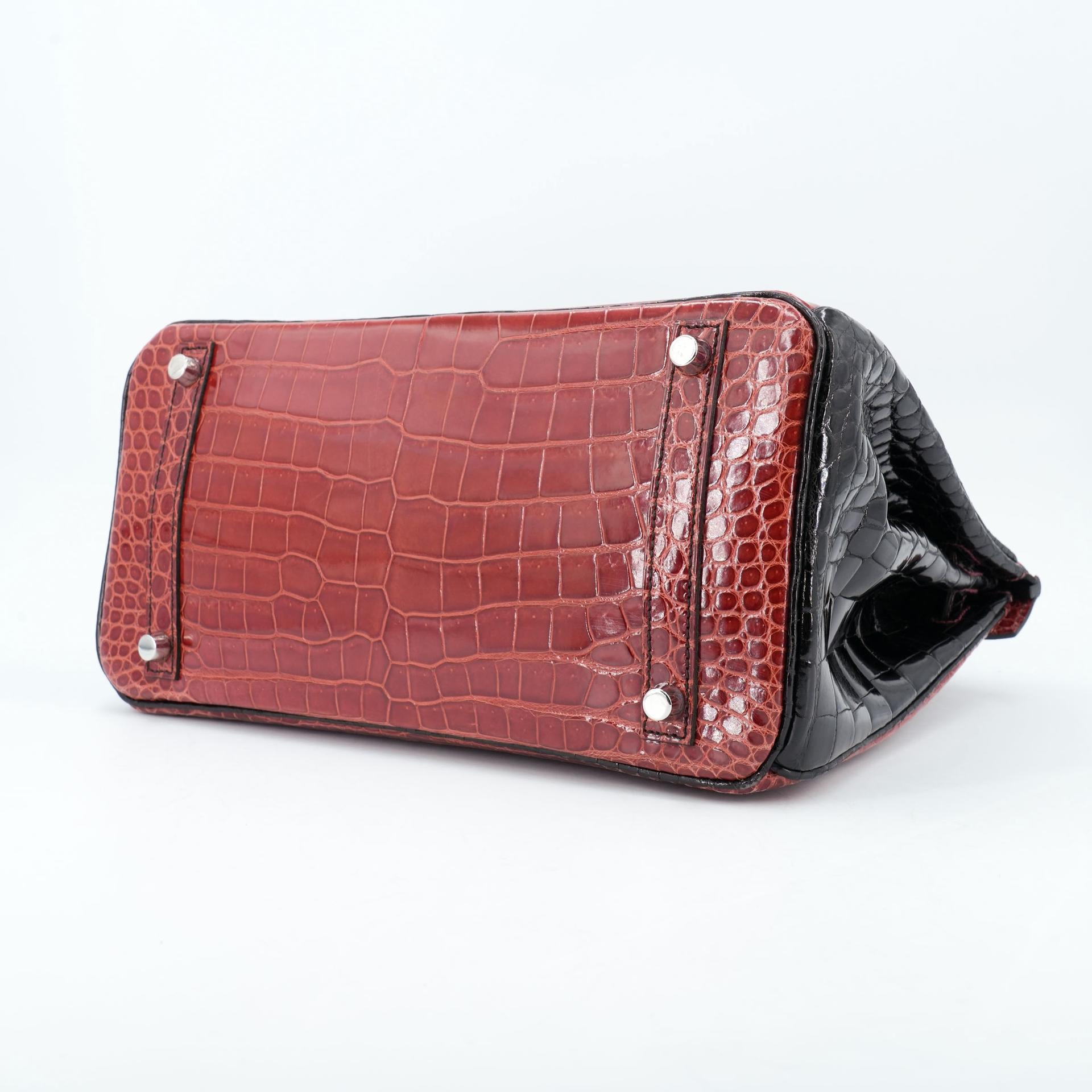 Excellent ( Rank SA ) HERMÈS Special Order Birkin 30 HSS Noir (89) Geranium (D5) Shiny Porosus Crocodile Palladium hardware Square M (2009) - 10