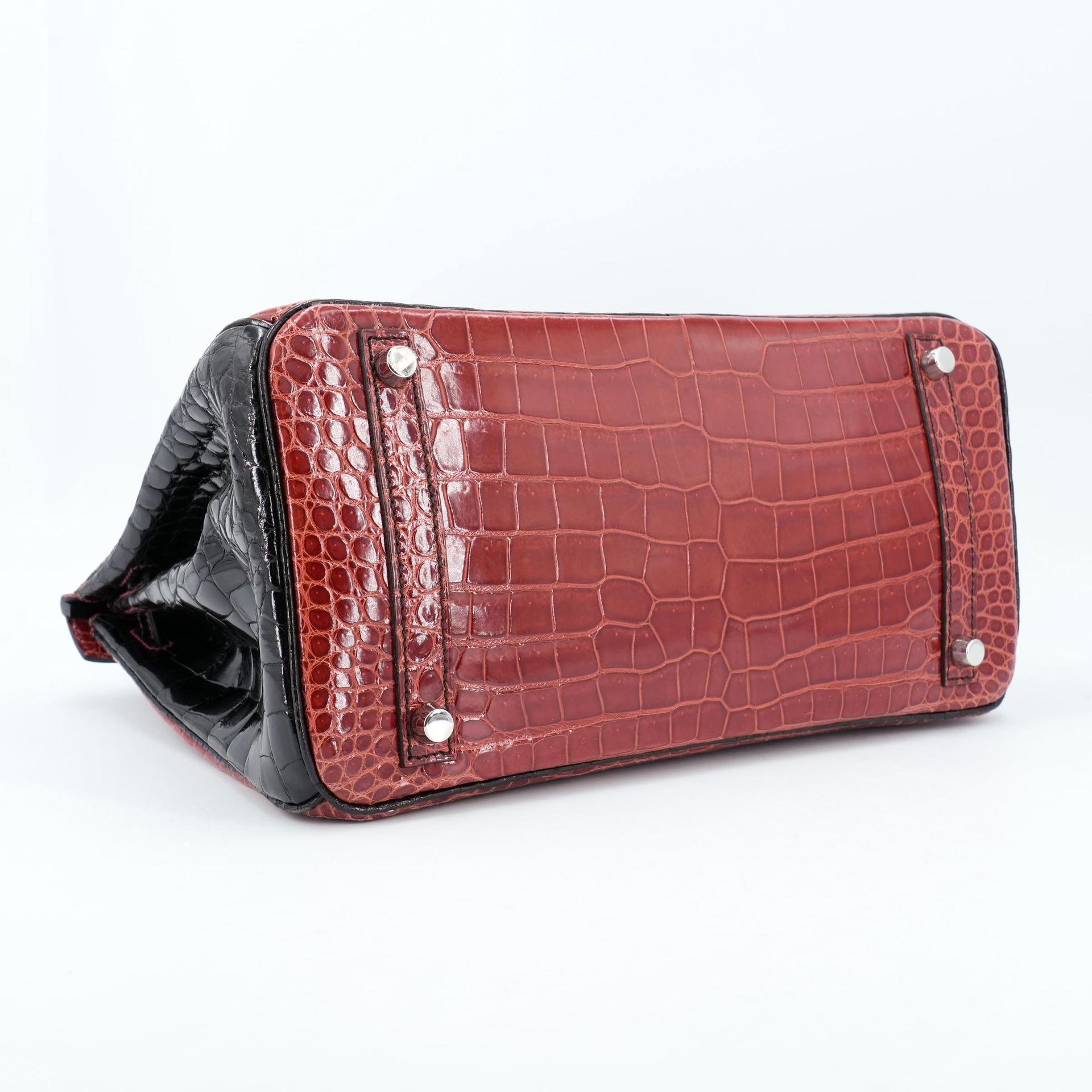 Excellent ( Rank SA ) HERMÈS Special Order Birkin 30 HSS Noir (89) Geranium (D5) Shiny Porosus Crocodile Palladium hardware Square M (2009) - 11