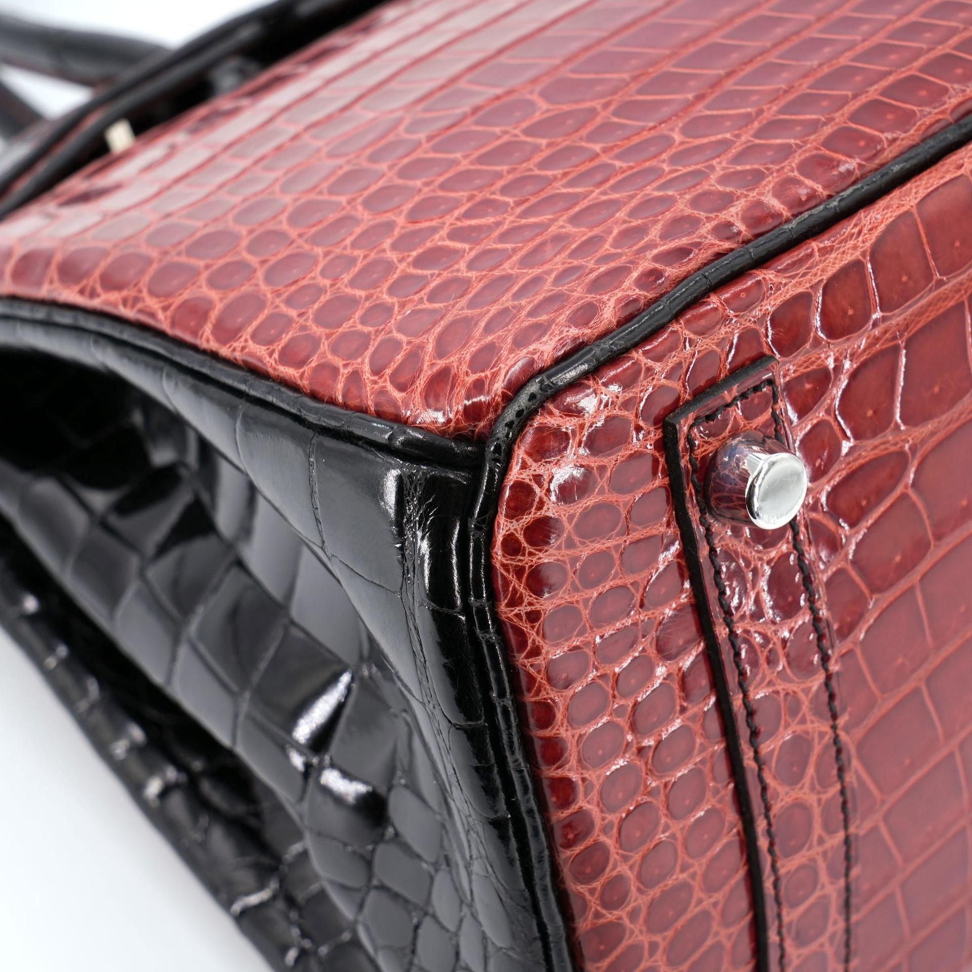 Excellent ( Rank SA ) HERMÈS Special Order Birkin 30 HSS Noir (89) Geranium (D5) Shiny Porosus Crocodile Palladium hardware Square M (2009) - 14