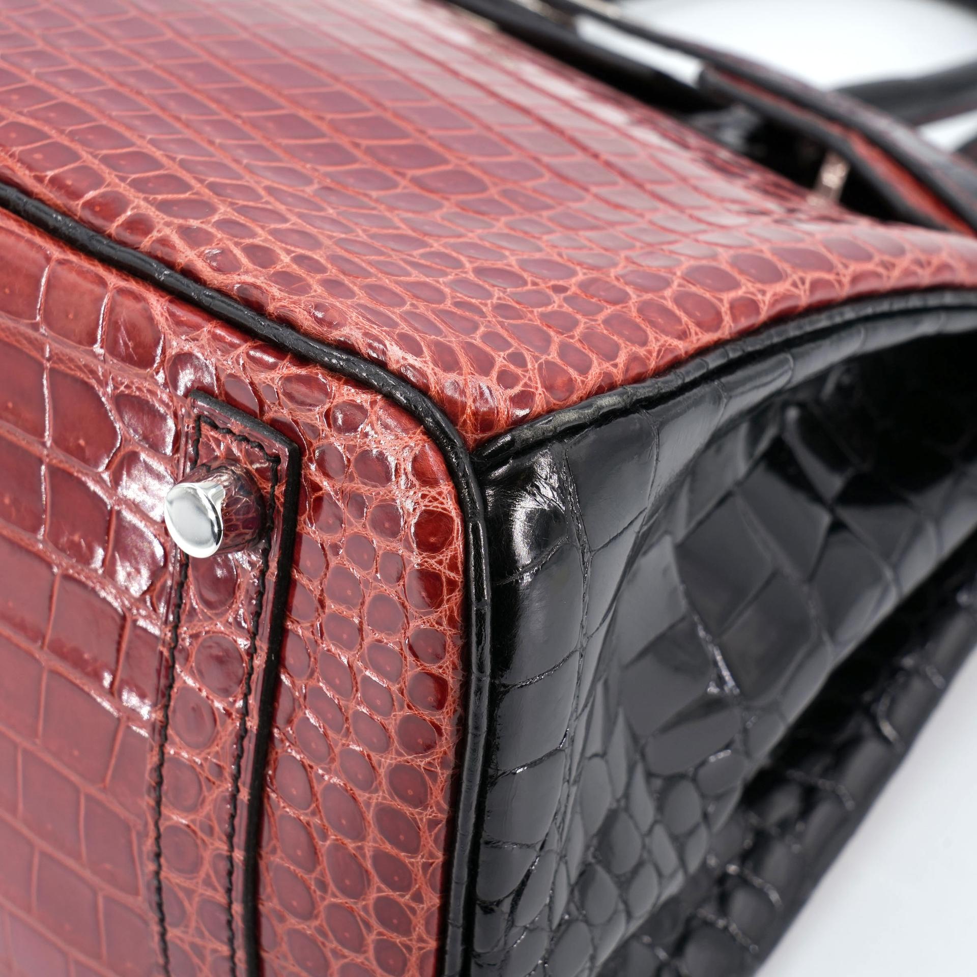 Excellent ( Rank SA ) HERMÈS Special Order Birkin 30 HSS Noir (89) Geranium (D5) Shiny Porosus Crocodile Palladium hardware Square M (2009) - 15