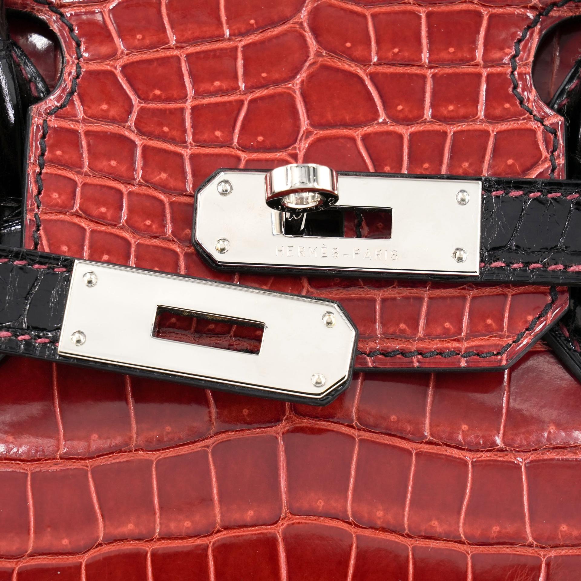 Excellent ( Rank SA ) HERMÈS Special Order Birkin 30 HSS Noir (89) Geranium (D5) Shiny Porosus Crocodile Palladium hardware Square M (2009) - 16