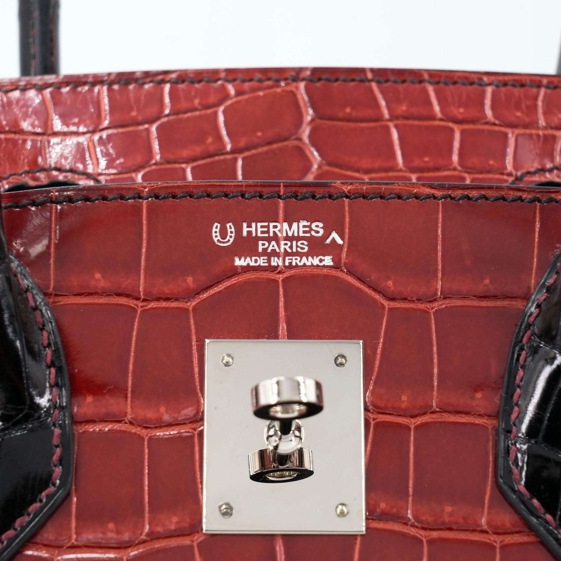 Excellent ( Rank SA ) HERMÈS Special Order Birkin 30 HSS Noir (89) Geranium (D5) Shiny Porosus Crocodile Palladium hardware Square M (2009) - 18
