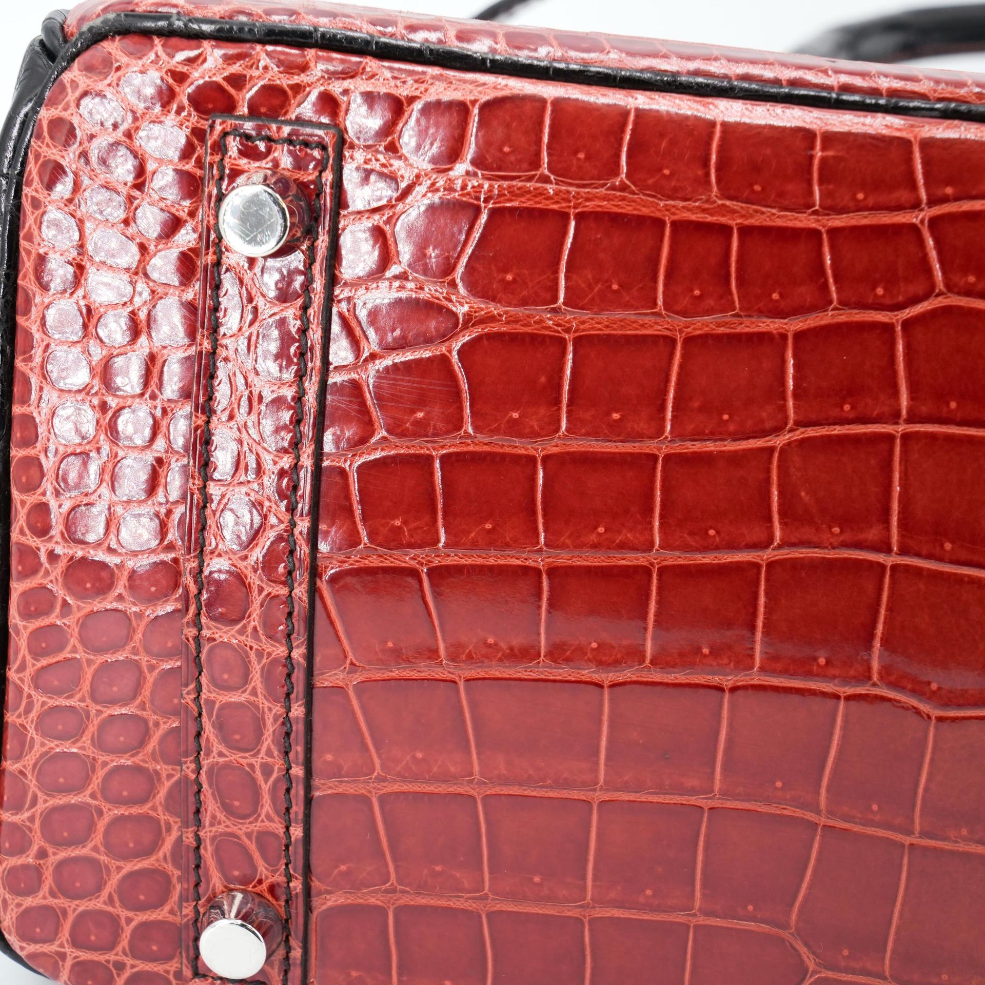Excellent ( Rank SA ) HERMÈS Special Order Birkin 30 HSS Noir (89) Geranium (D5) Shiny Porosus Crocodile Palladium hardware Square M (2009) - 21