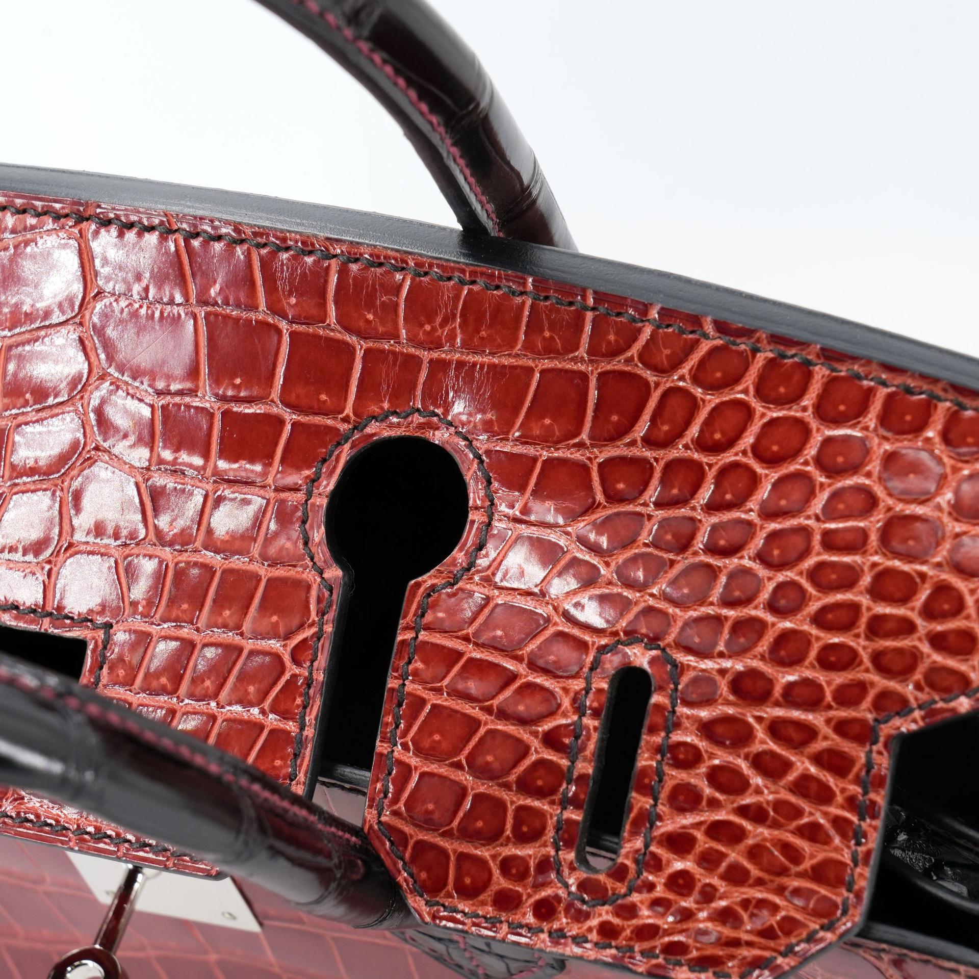 Excellent ( Rank SA ) HERMÈS Special Order Birkin 30 HSS Noir (89) Geranium (D5) Shiny Porosus Crocodile Palladium hardware Square M (2009) - 24