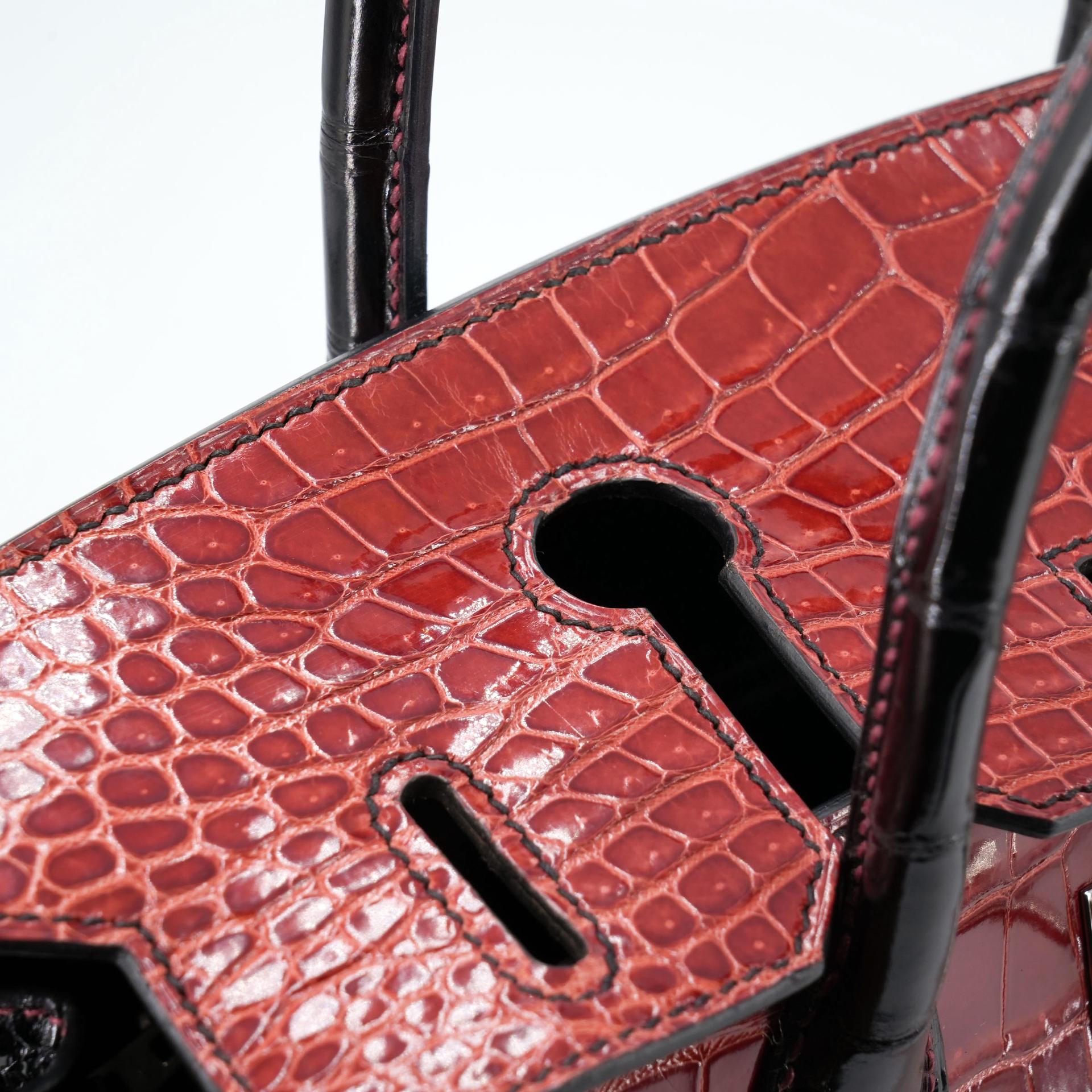Excellent ( Rank SA ) HERMÈS Special Order Birkin 30 HSS Noir (89) Geranium (D5) Shiny Porosus Crocodile Palladium hardware Square M (2009) - 25