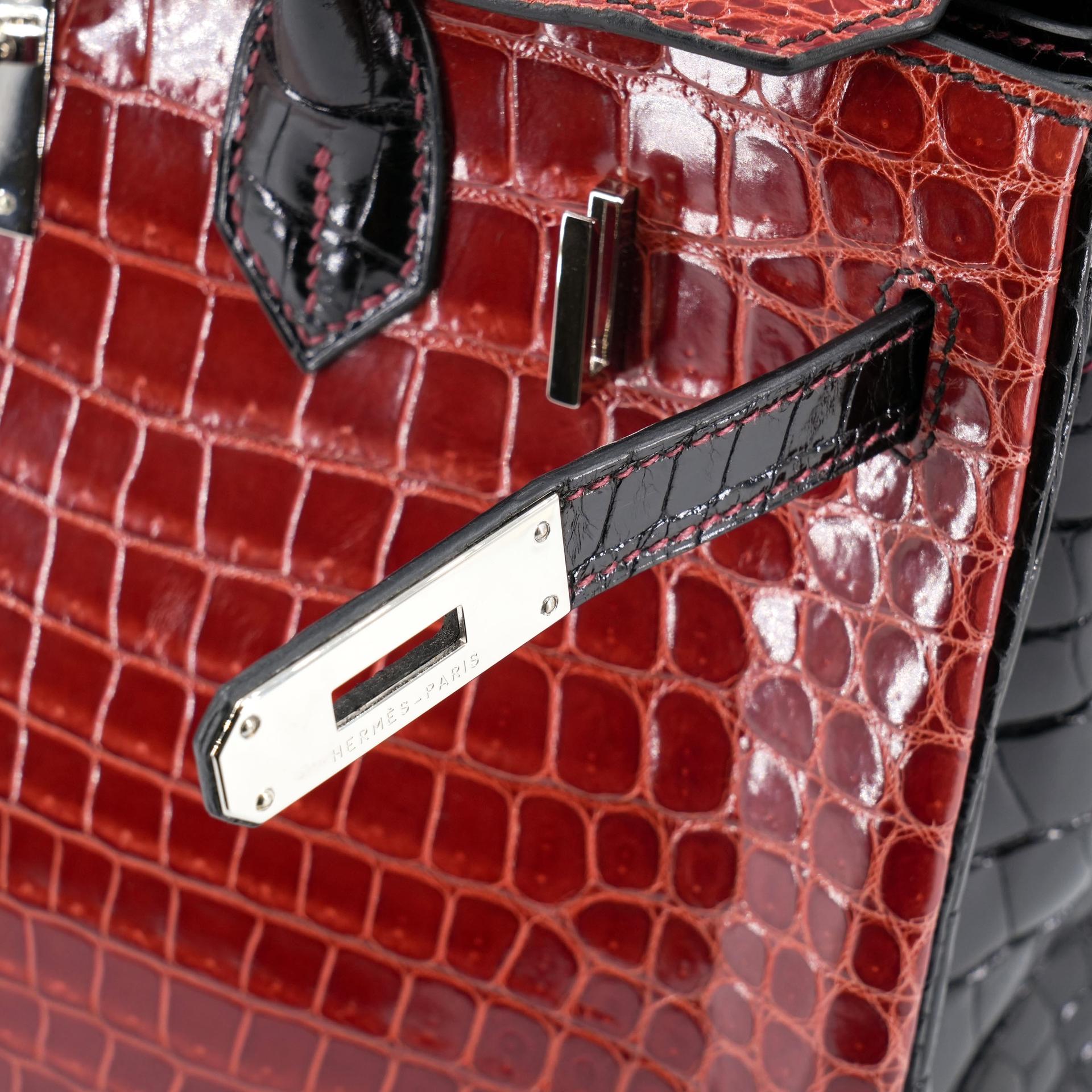 Excellent ( Rank SA ) HERMÈS Special Order Birkin 30 HSS Noir (89) Geranium (D5) Shiny Porosus Crocodile Palladium hardware Square M (2009) - 26