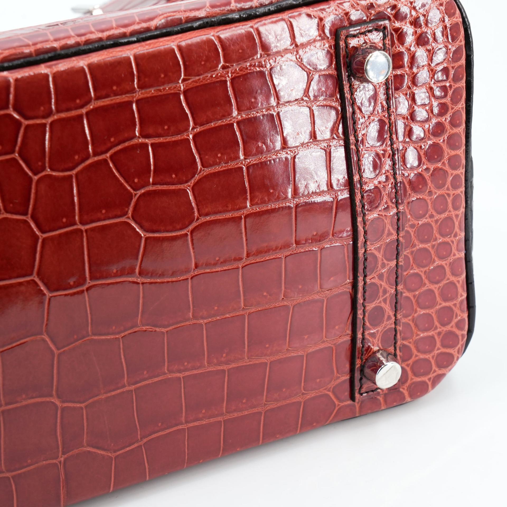 Excellent ( Rank SA ) HERMÈS Special Order Birkin 30 HSS Noir (89) Geranium (D5) Shiny Porosus Crocodile Palladium hardware Square M (2009) - 28