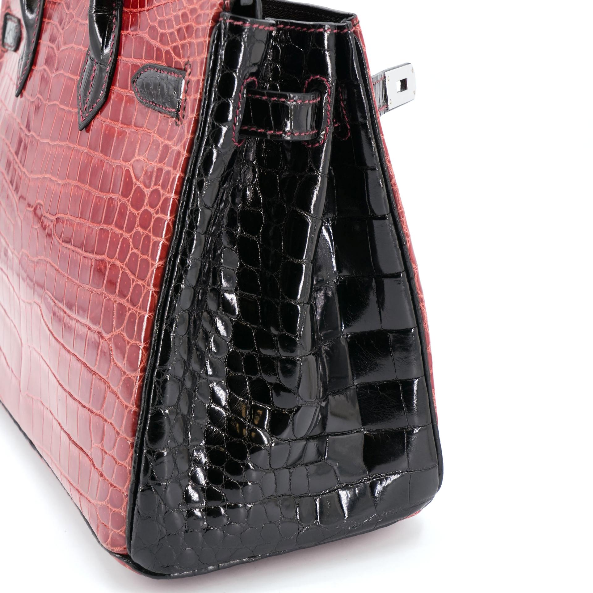 Excellent ( Rank SA ) HERMÈS Special Order Birkin 30 HSS Noir (89) Geranium (D5) Shiny Porosus Crocodile Palladium hardware Square M (2009) - 29